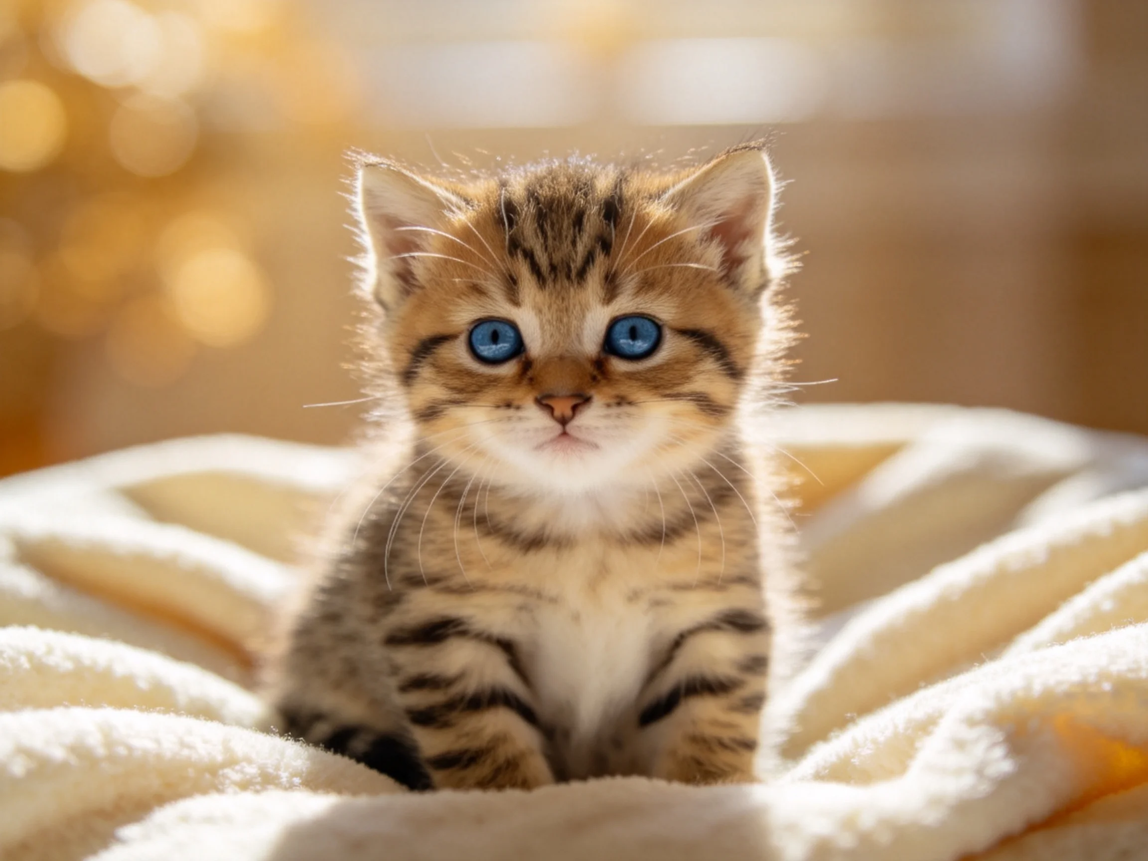 A small tabby kitten with blue eyes rests on a soft blanket.