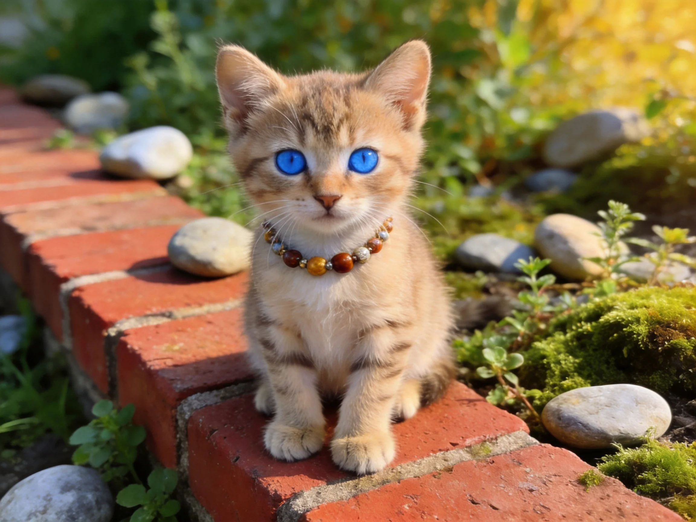 A tiny tabby kitten with vivid blue eyes perched on a red brick border