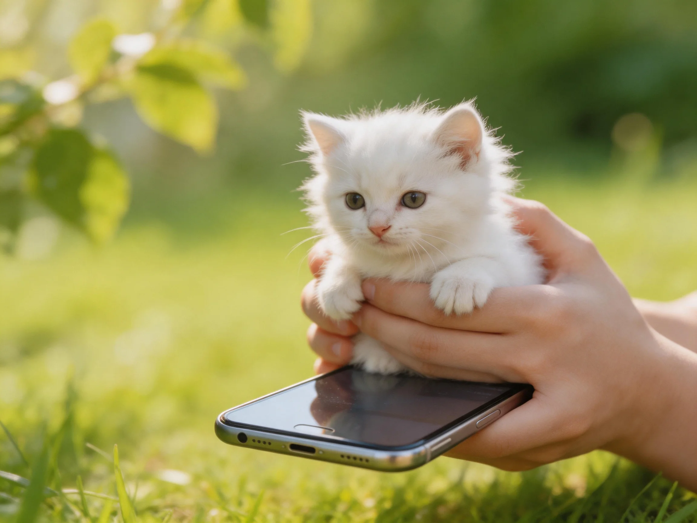 A tiny white kitten perched on a smartphone held by hands in a sunny meadow