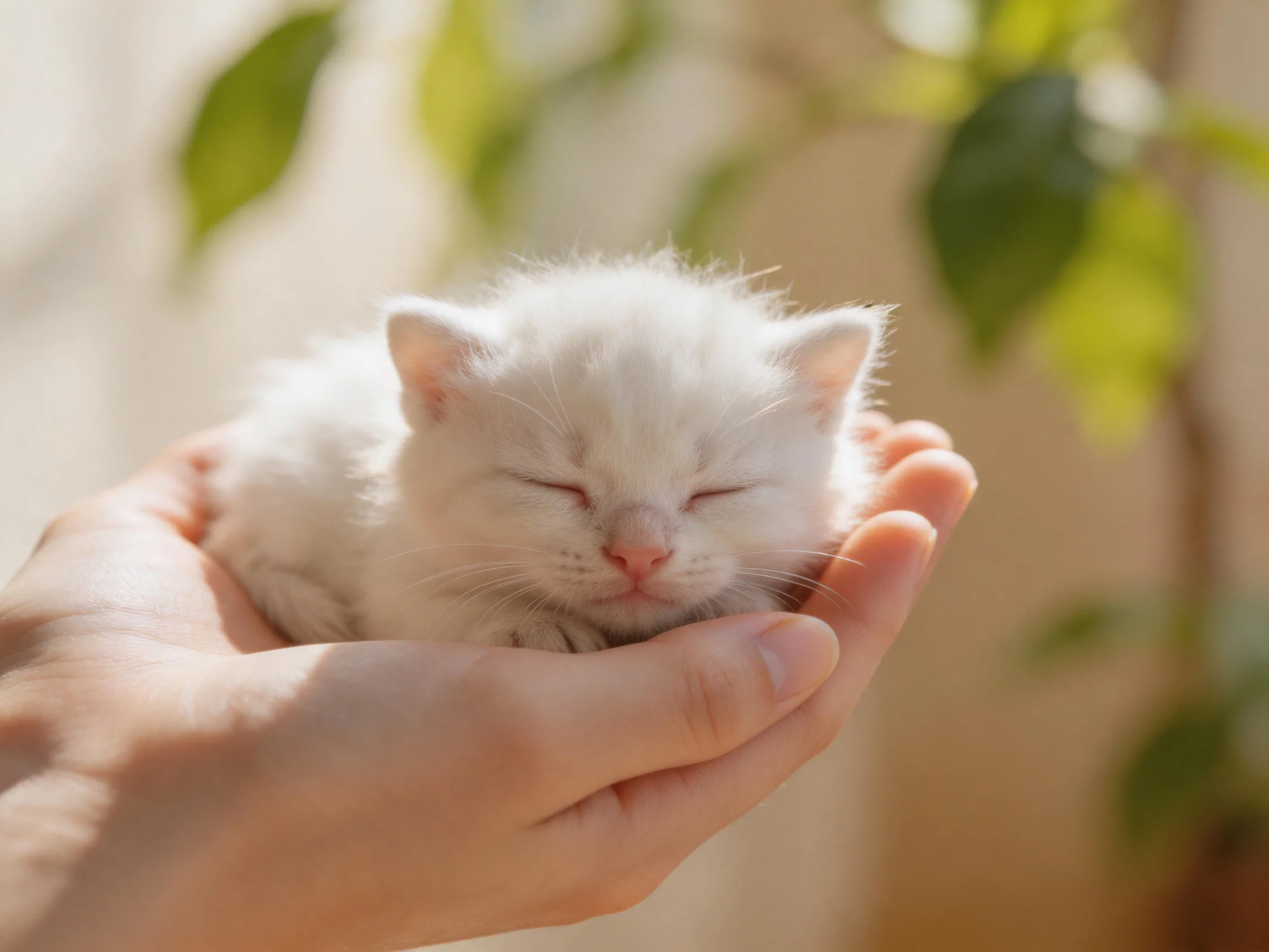 A small white kitten sleeps in cupped hands with greenery nearby
