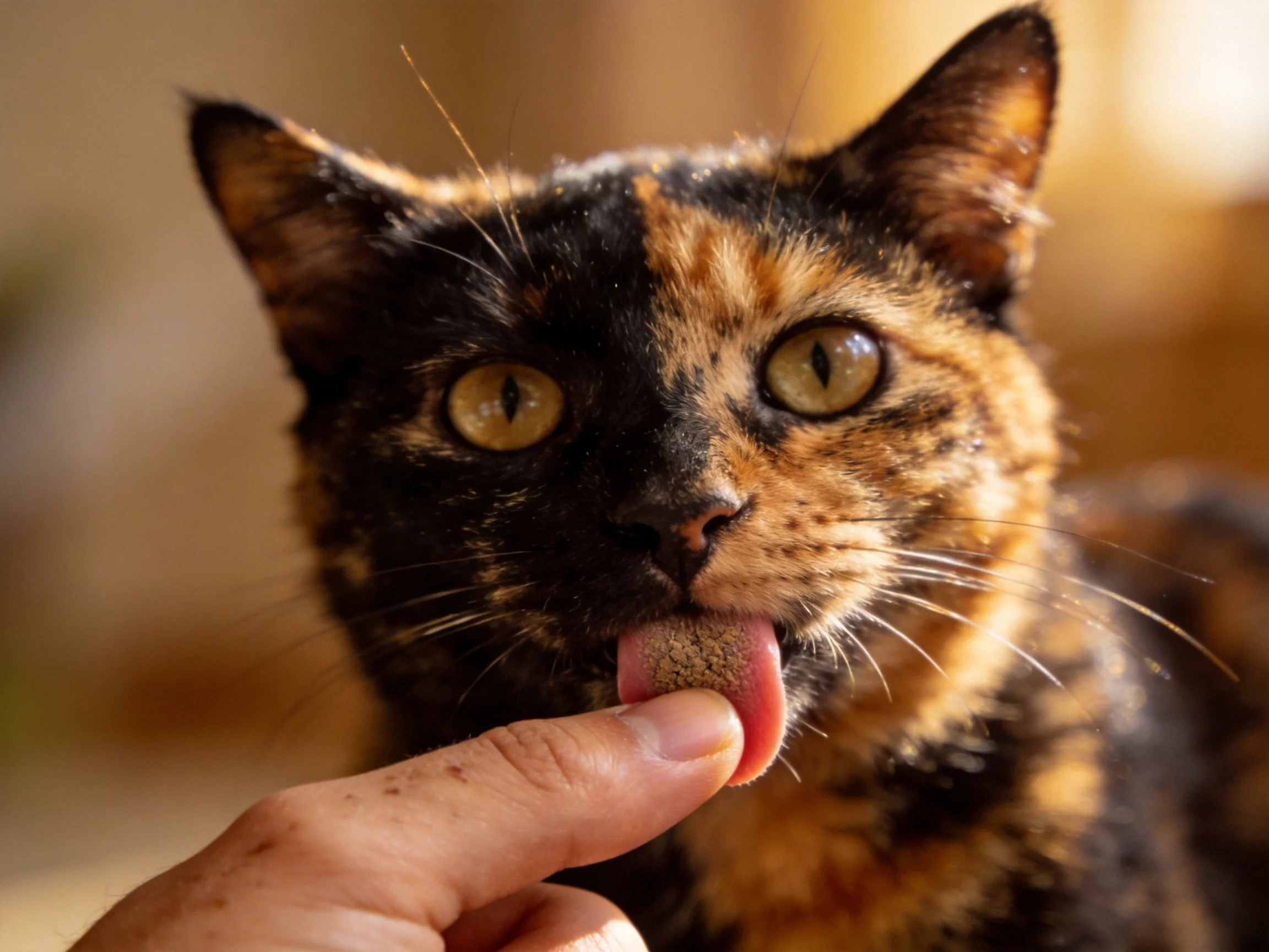 A tortoiseshell cat eating food from a human finger with striking eyes