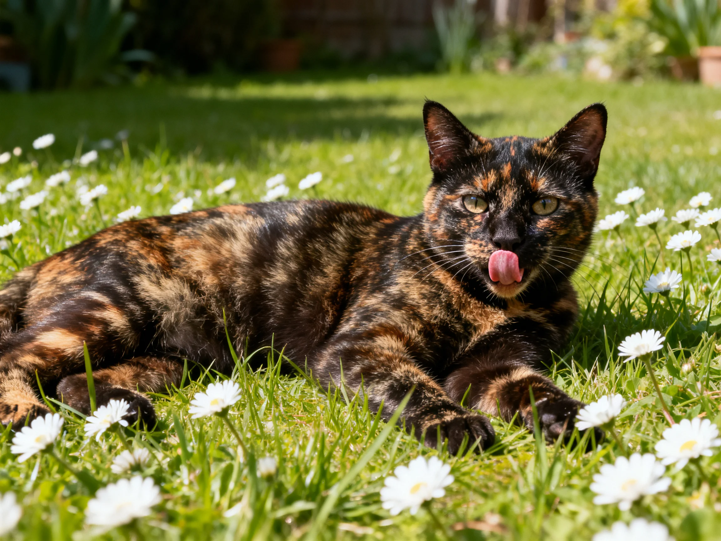 A tortoiseshell cat relaxes amid white daisies in a sunlit garden