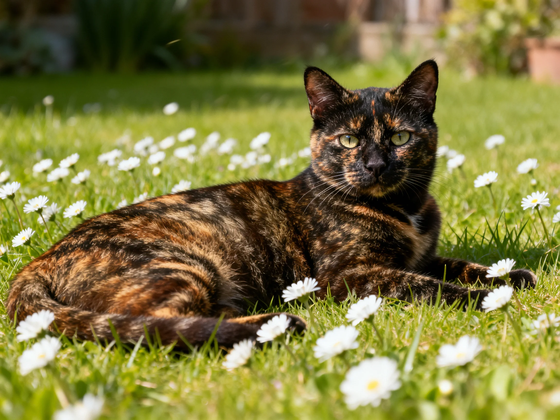 A tortoiseshell cat lounges among white daisies on vibrant green grass
