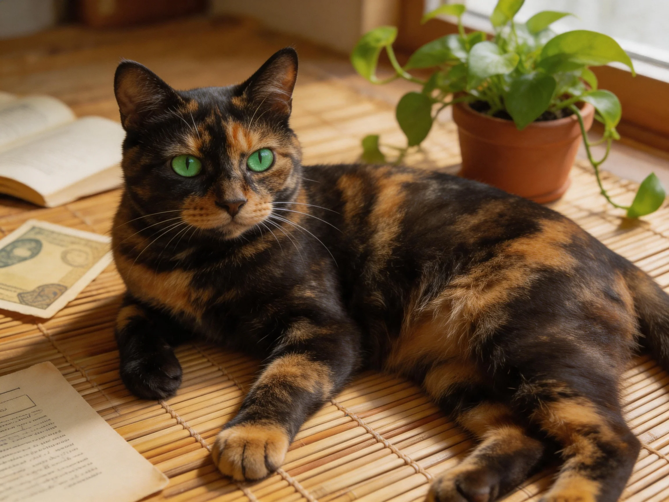 A tortoiseshell cat lounges on a bamboo mat near open books and a potted plant