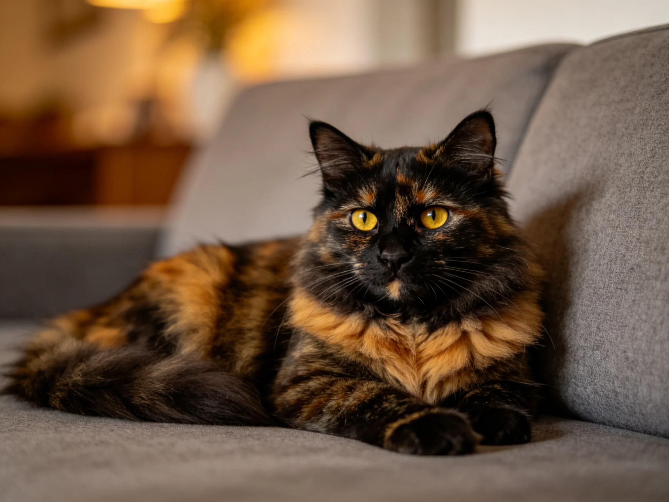 A tortoiseshell cat lounges on a gray couch with warm ambient lighting