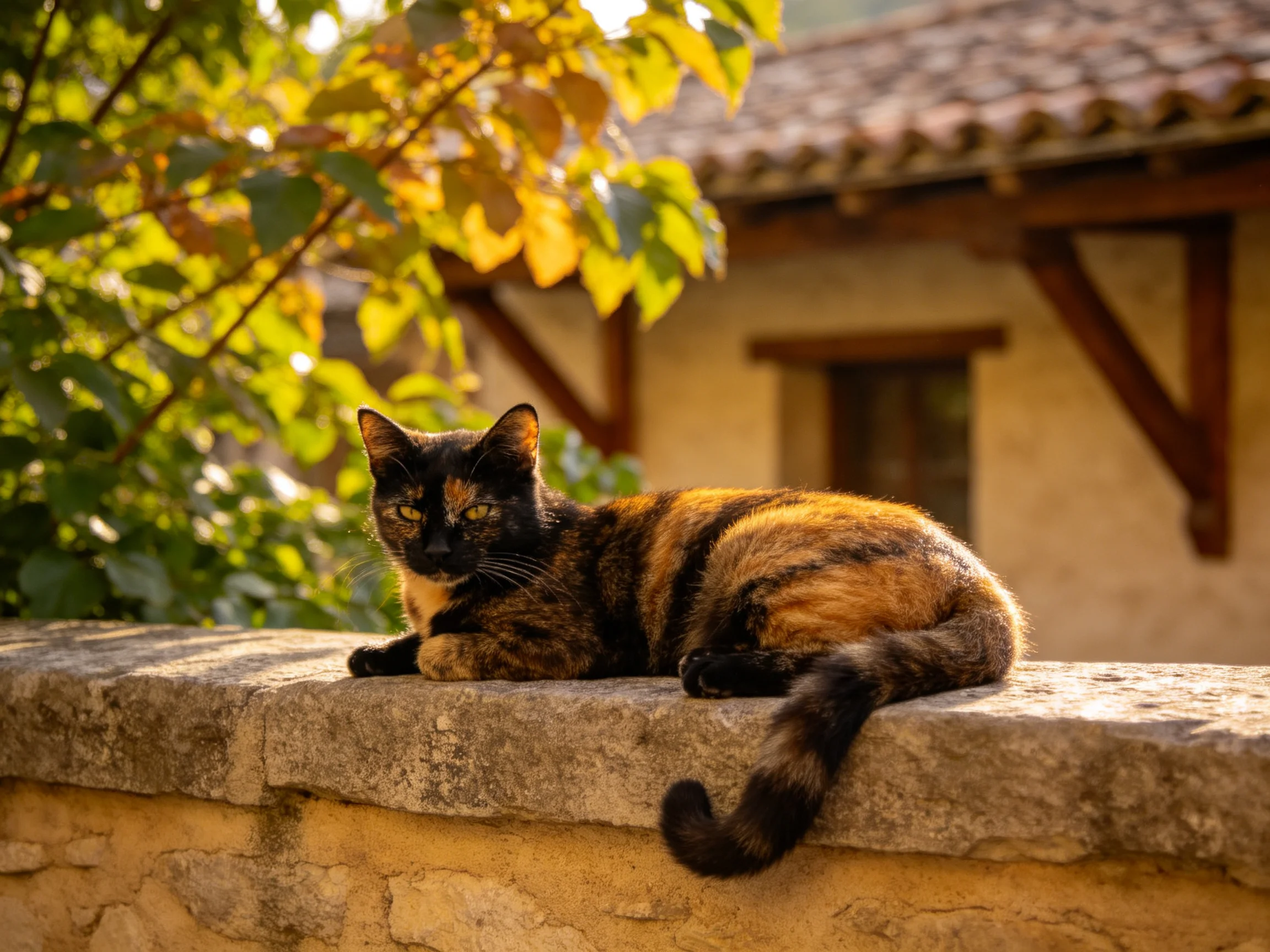 A tortoiseshell cat lounges on a stone wall beside an old house