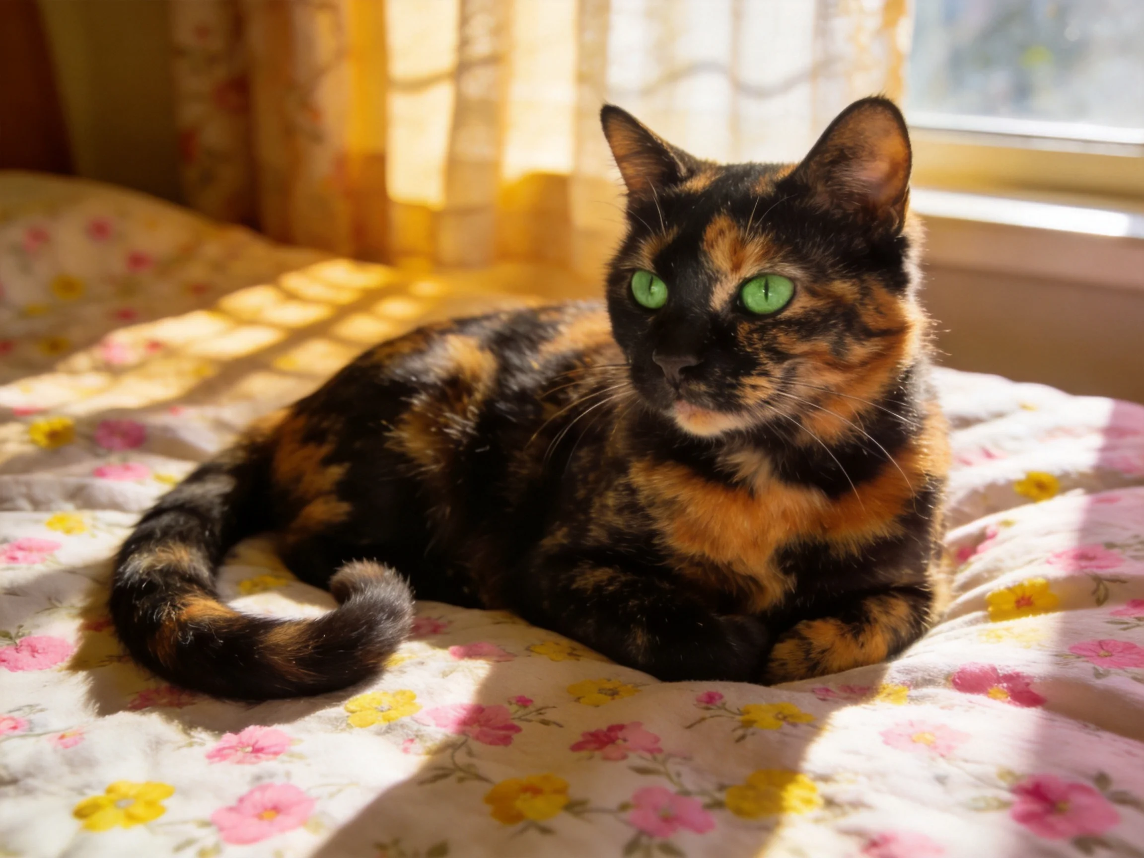A tortoiseshell cat lies on a flowered bed near a bright window.