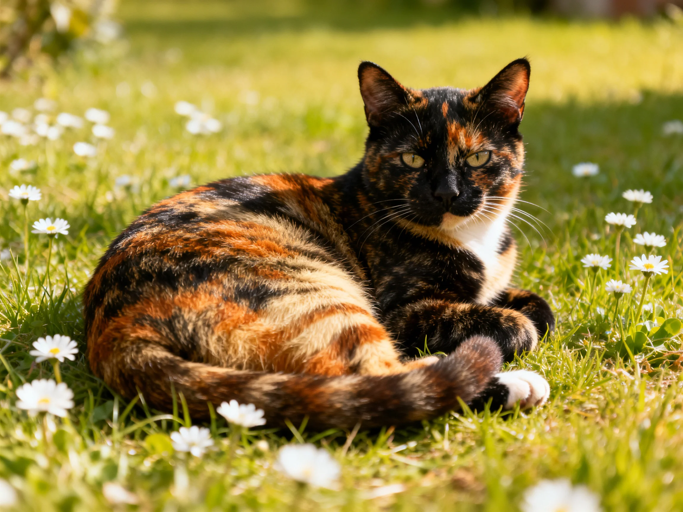 A tortoiseshell cat relaxes among white daisies in a sunny meadow.