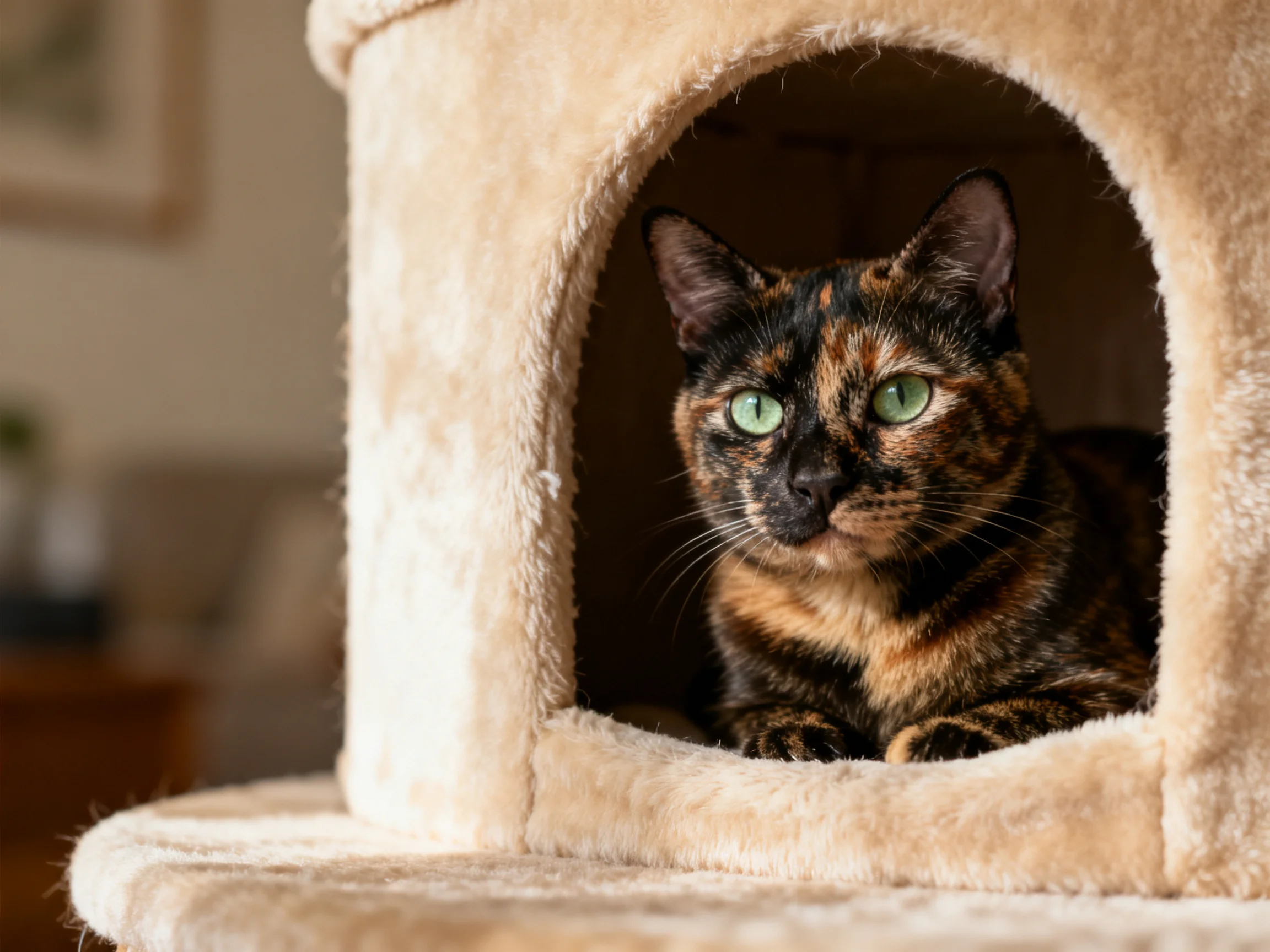 A tortoiseshell cat rests inside a plush beige cat structure