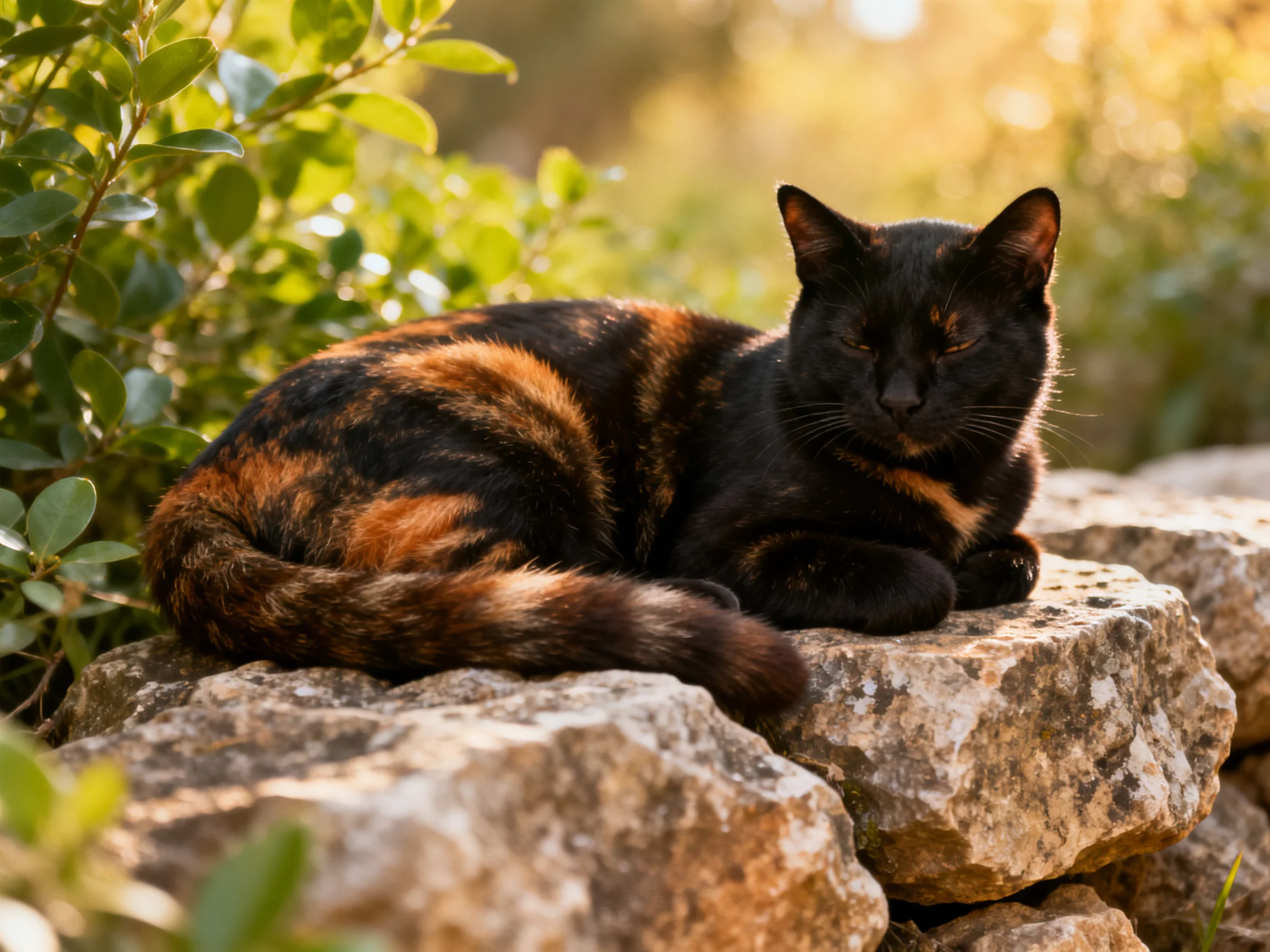 A tortoiseshell cat relaxes on rocks in a sunlit, green environment.