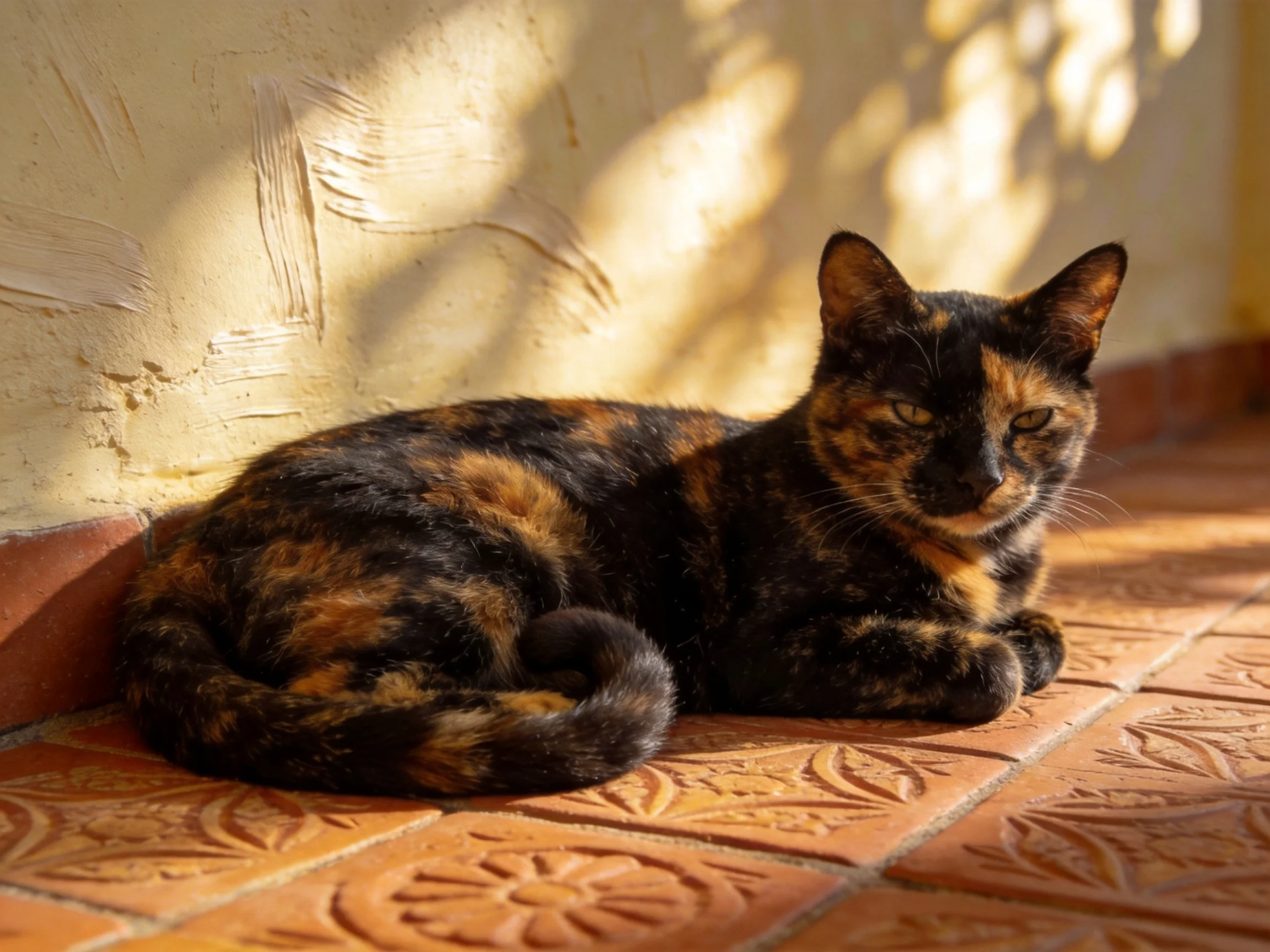 A tortoiseshell cat rests on terracotta tiles near a sunlit textured wall