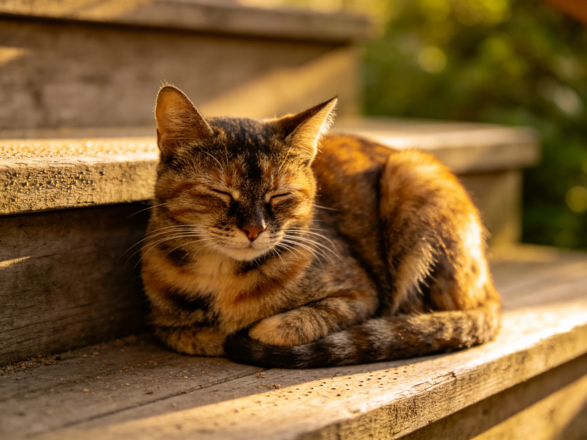 A tortoiseshell cat relaxes on wooden steps in sunlight.