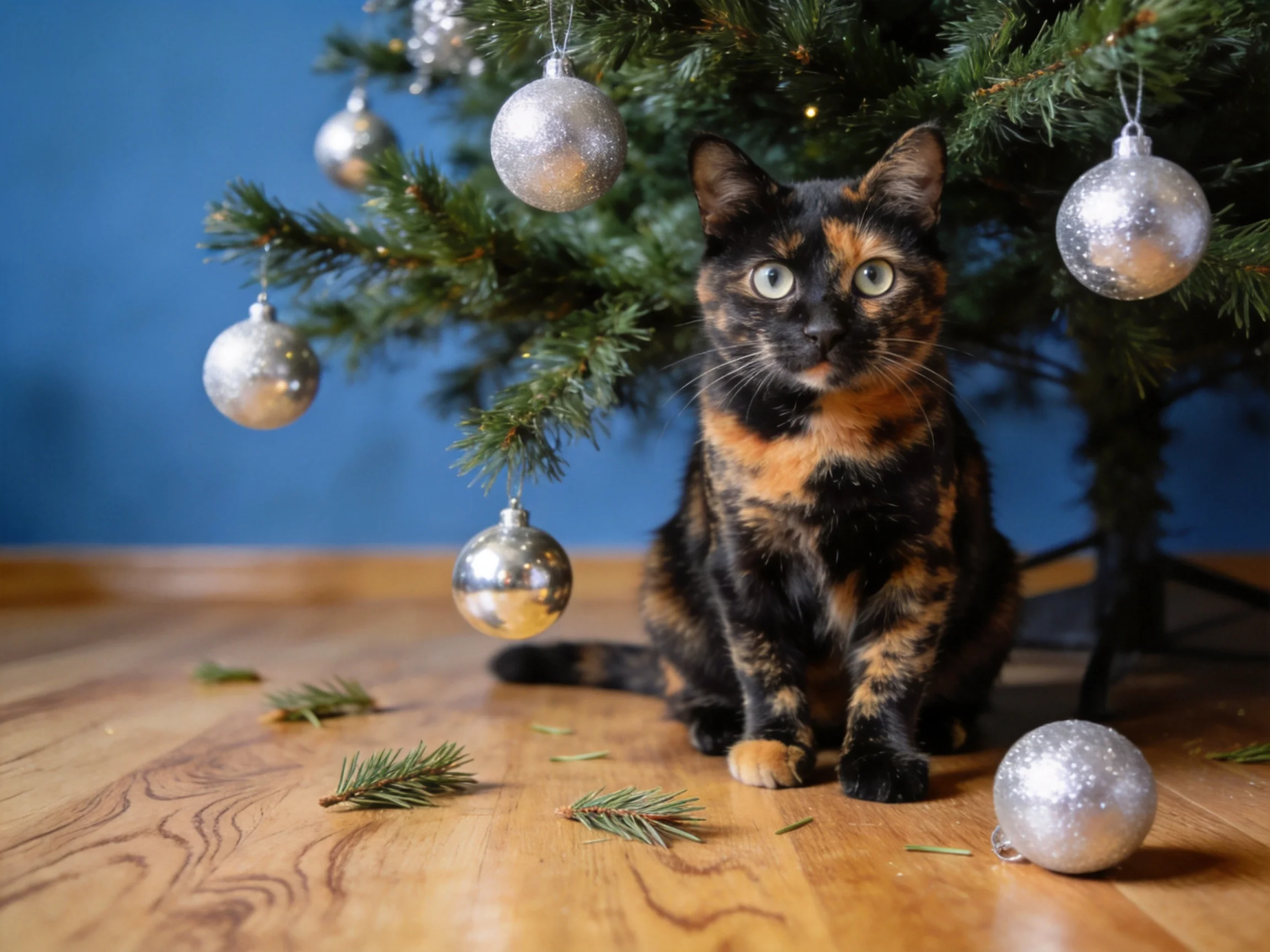 A tortoiseshell cat sits beneath a decorated Christmas tree with silver ornaments