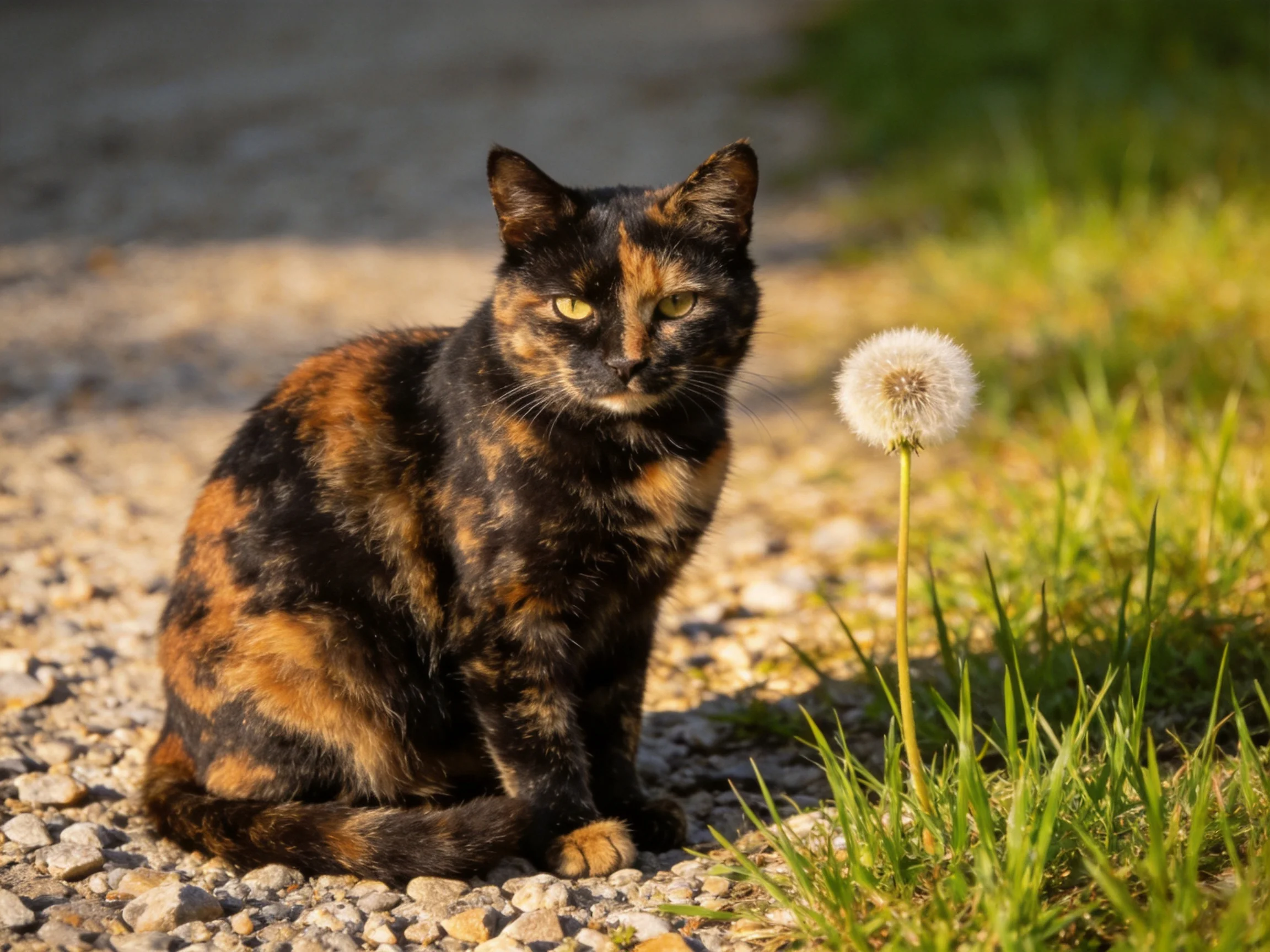 A tortoiseshell cat rests near a dandelion on a gravel path.