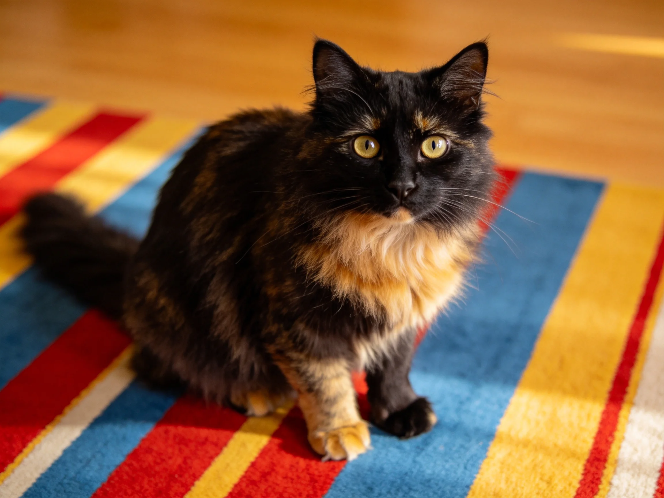 A tortoiseshell cat sits calmly on a brightly colored striped rug.