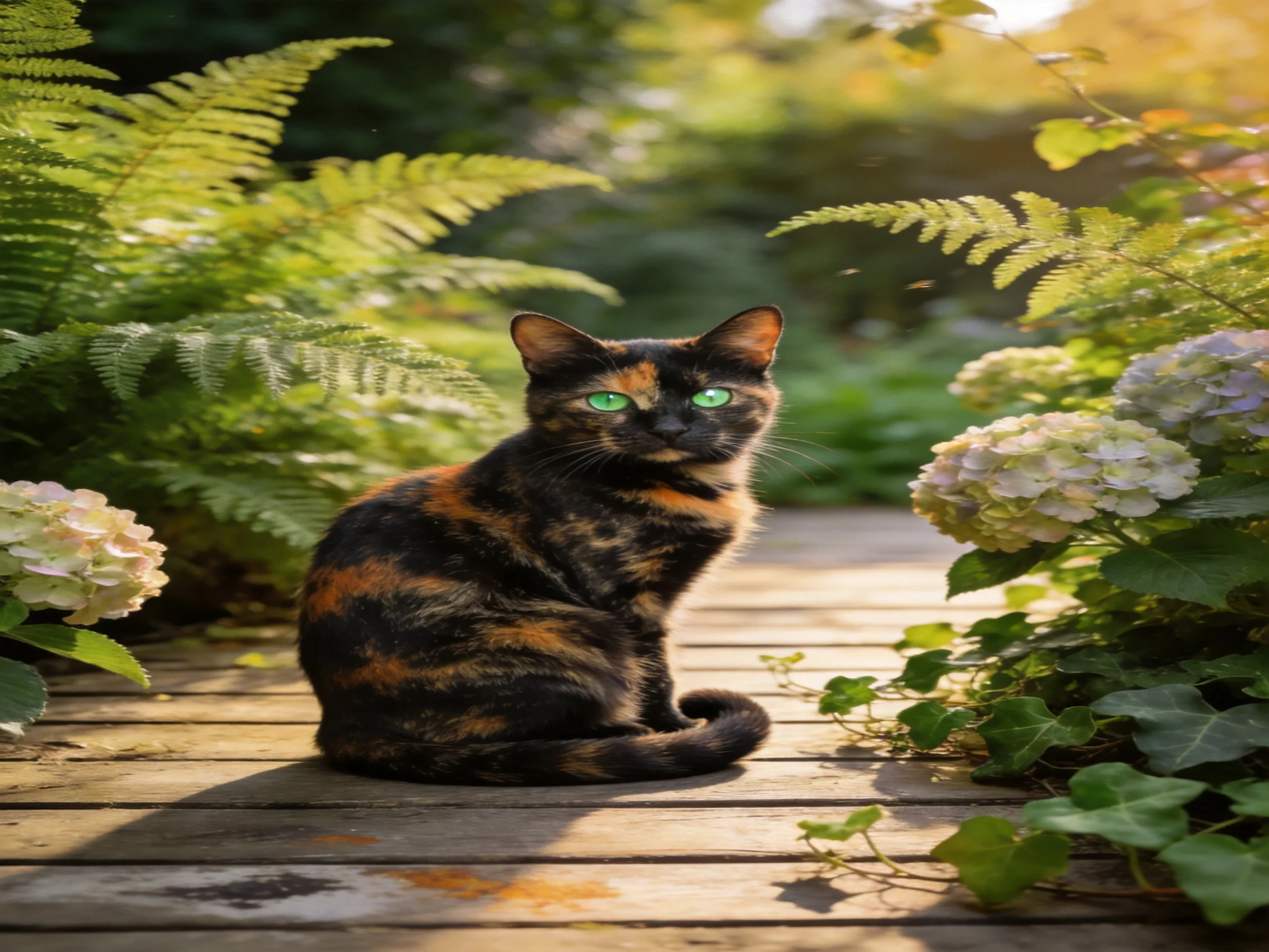 A tortoiseshell cat sits on a wooden path surrounded by ferns and hydrangeas in a sunlit garden