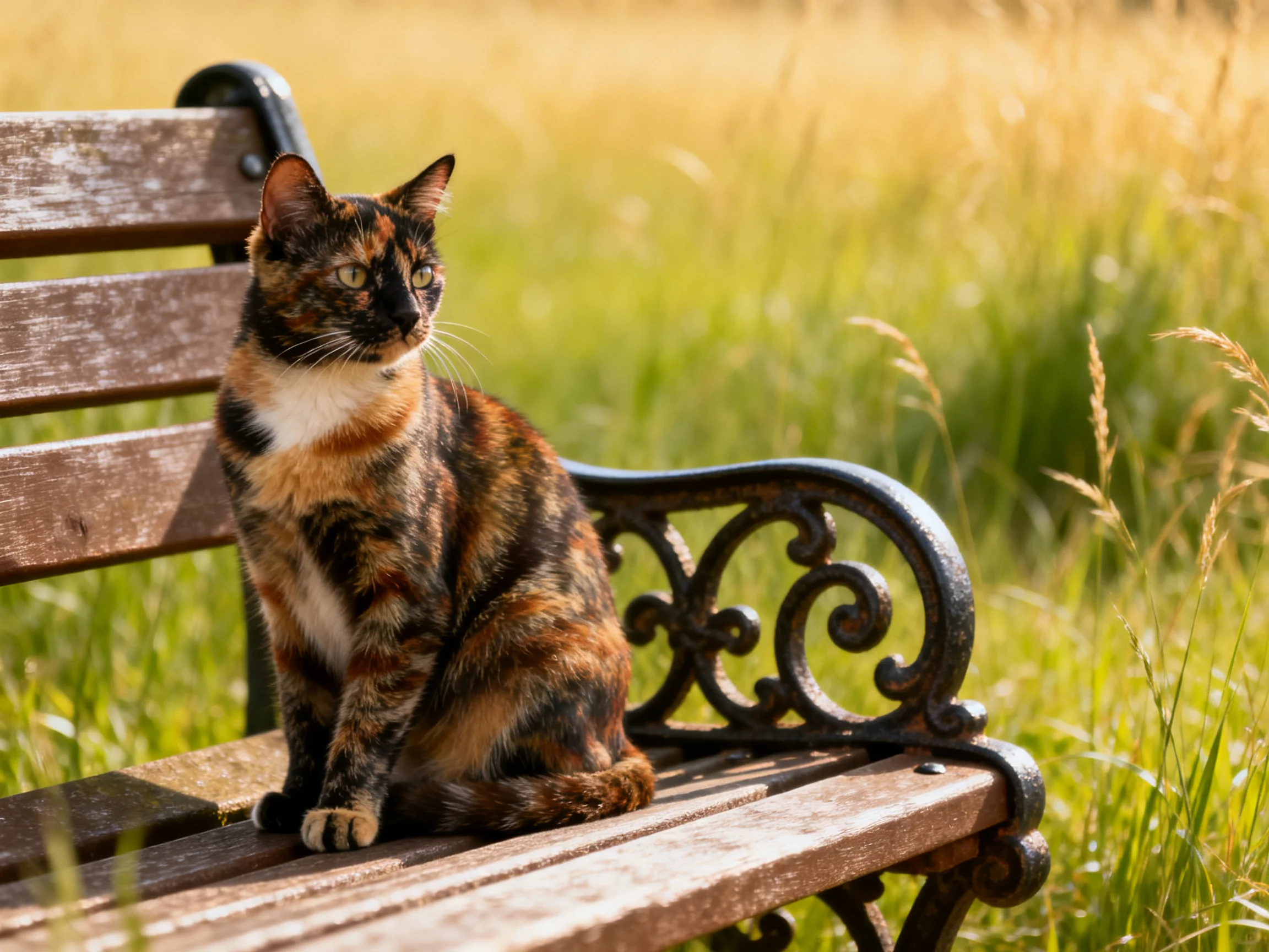 A tortoiseshell cat rests on a wooden bench among tall greenery.