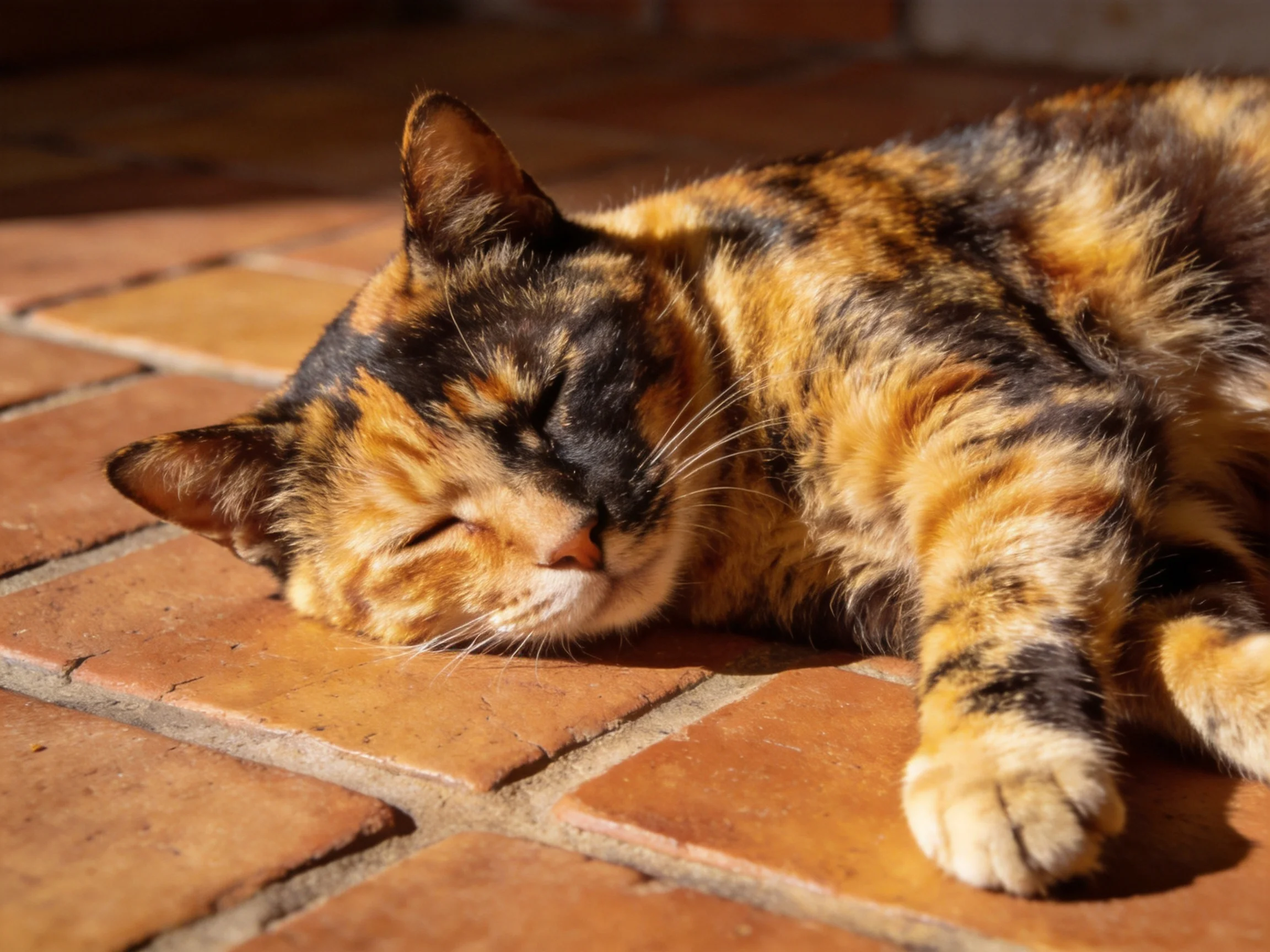 A tortoiseshell cat sleeps on terracotta brick tiles under sunlight