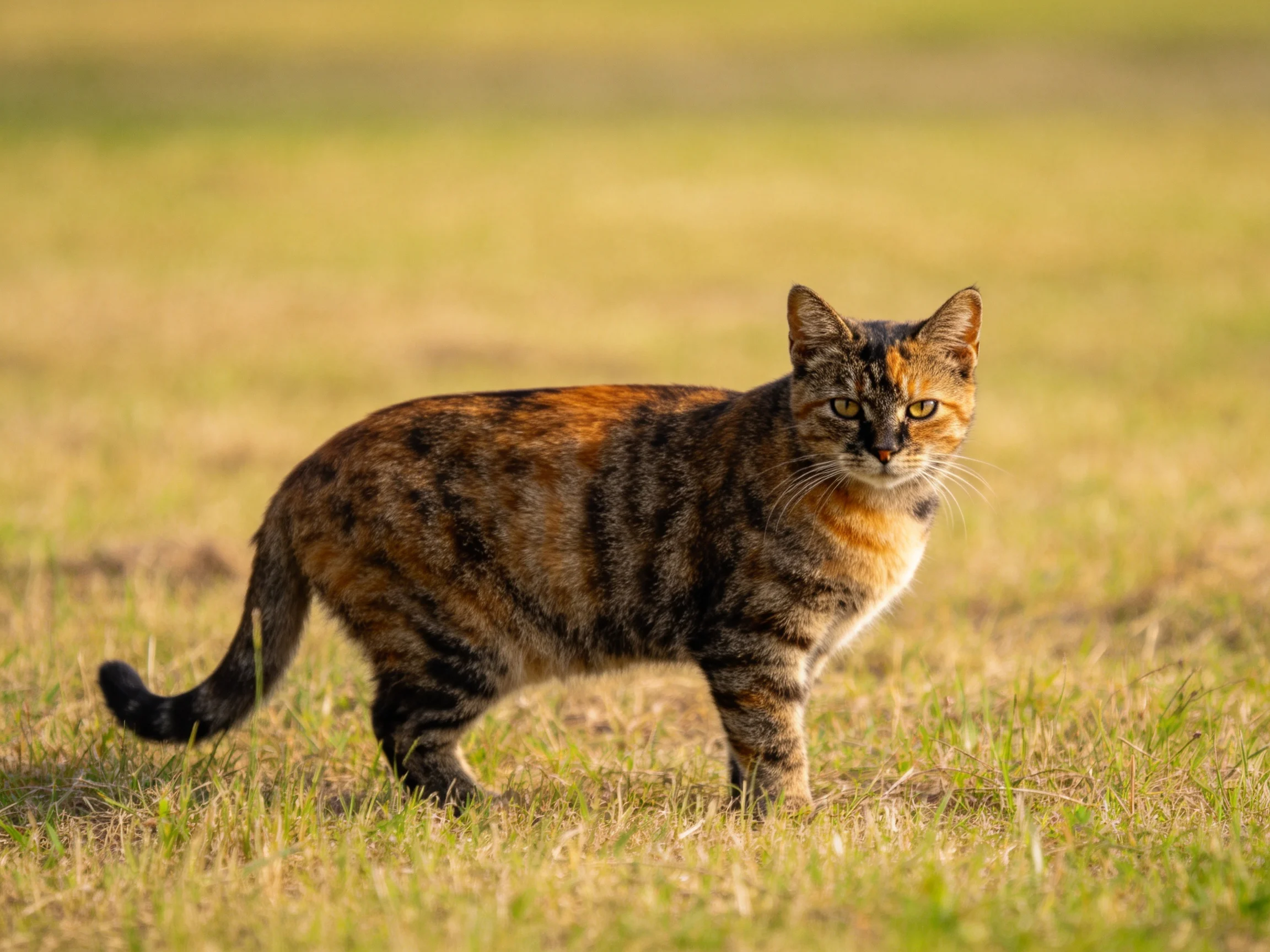 A tortoiseshell cat stands alert on sunlit grass