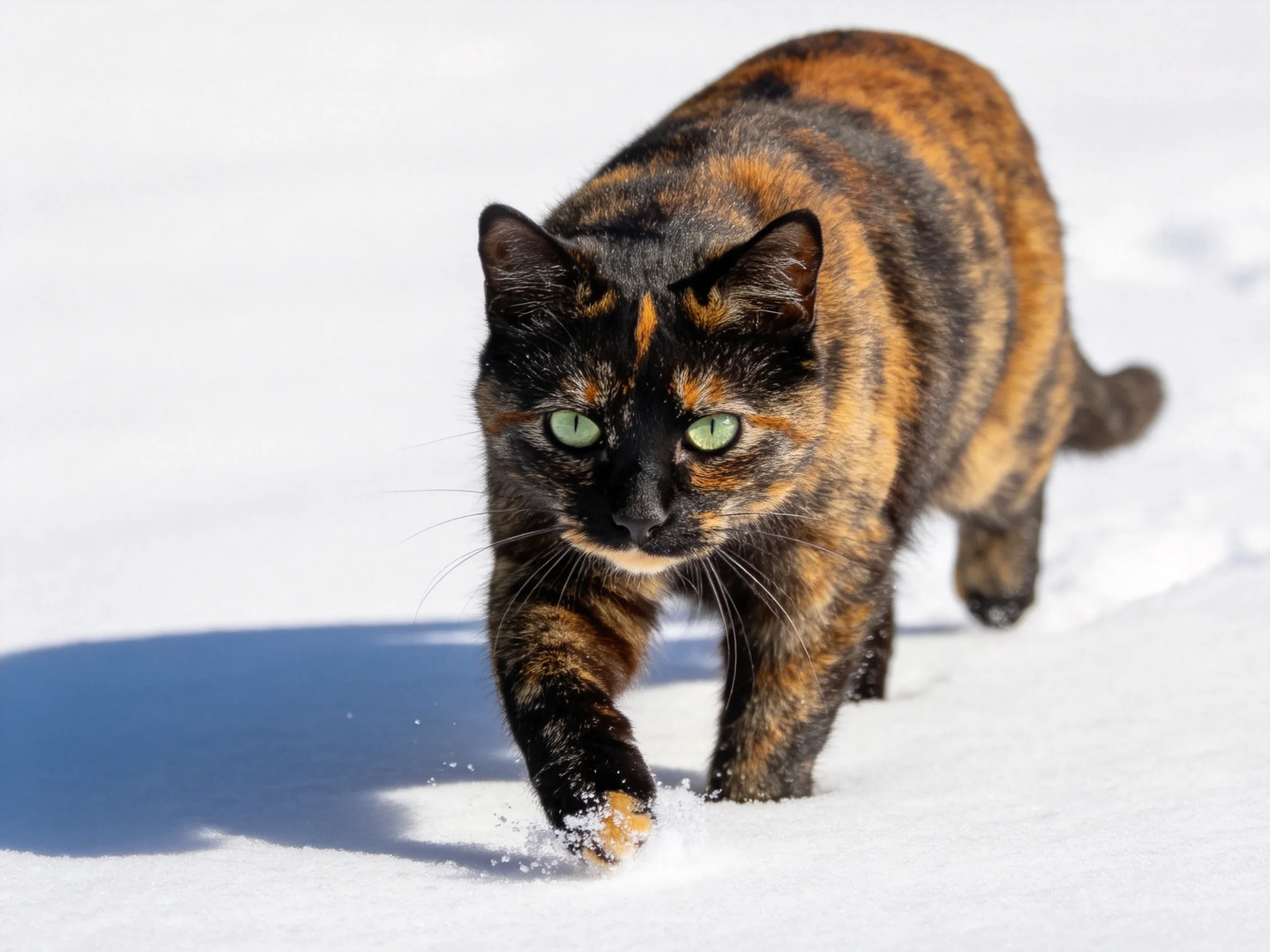 A tortoiseshell cat moves through bright white snow