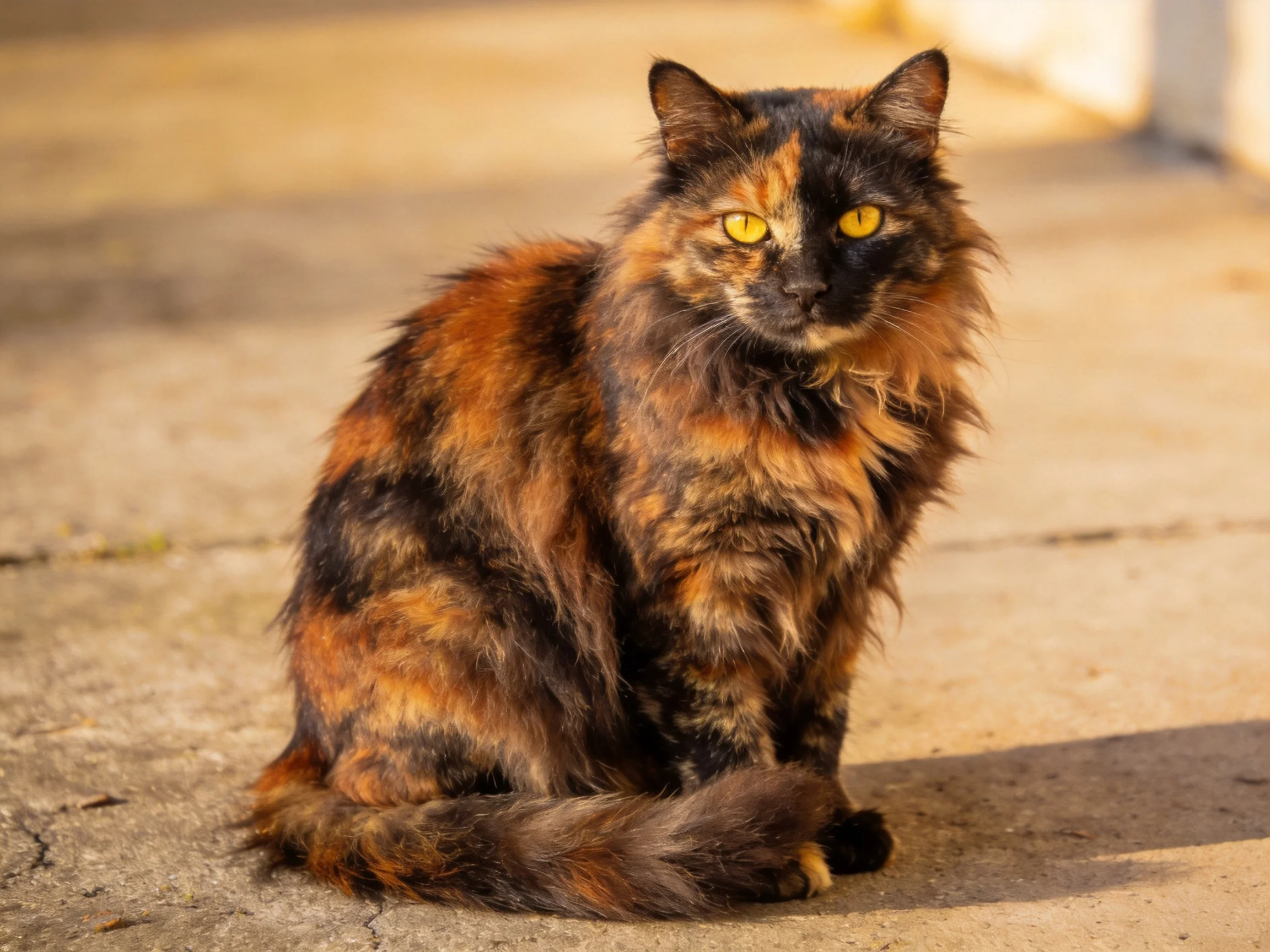 A tortoiseshell cat with black, orange, and brown fur sits on sunlit concrete