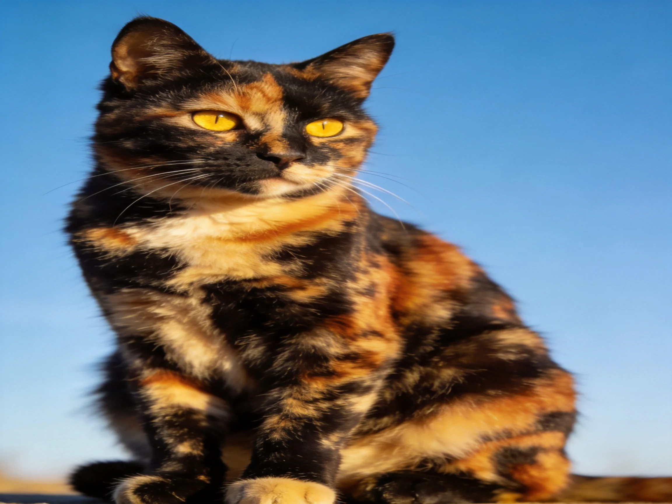 A tortoiseshell cat with bright yellow eyes sits outdoors under a clear blue sky.