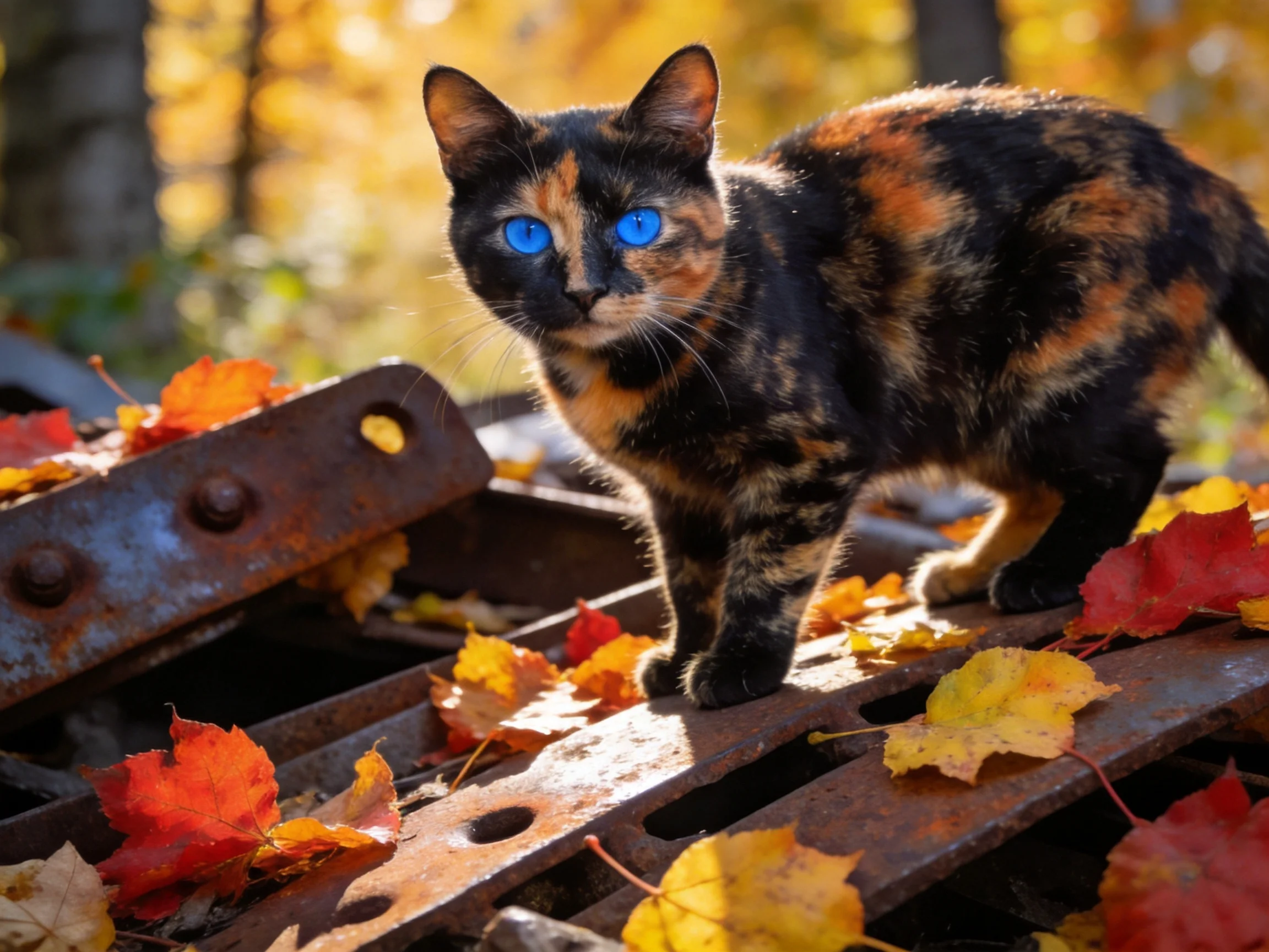 A tortoiseshell cat with blue eyes stands on rusted metal among autumn leaves.