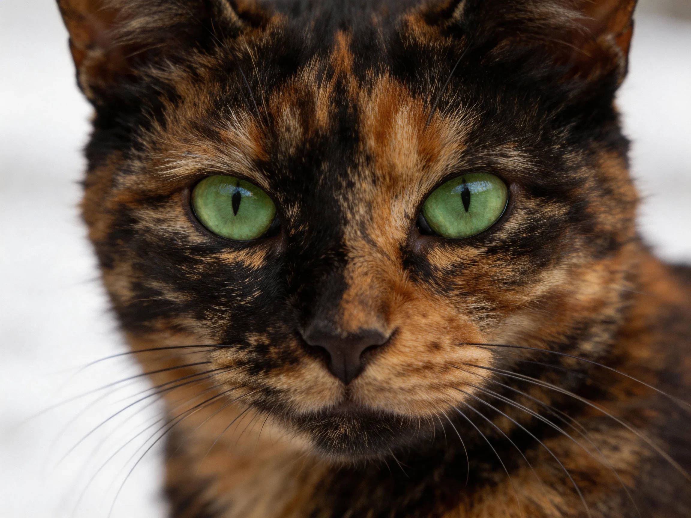 A tortoiseshell cat with bright green eyes is centered against a softly blurred background.