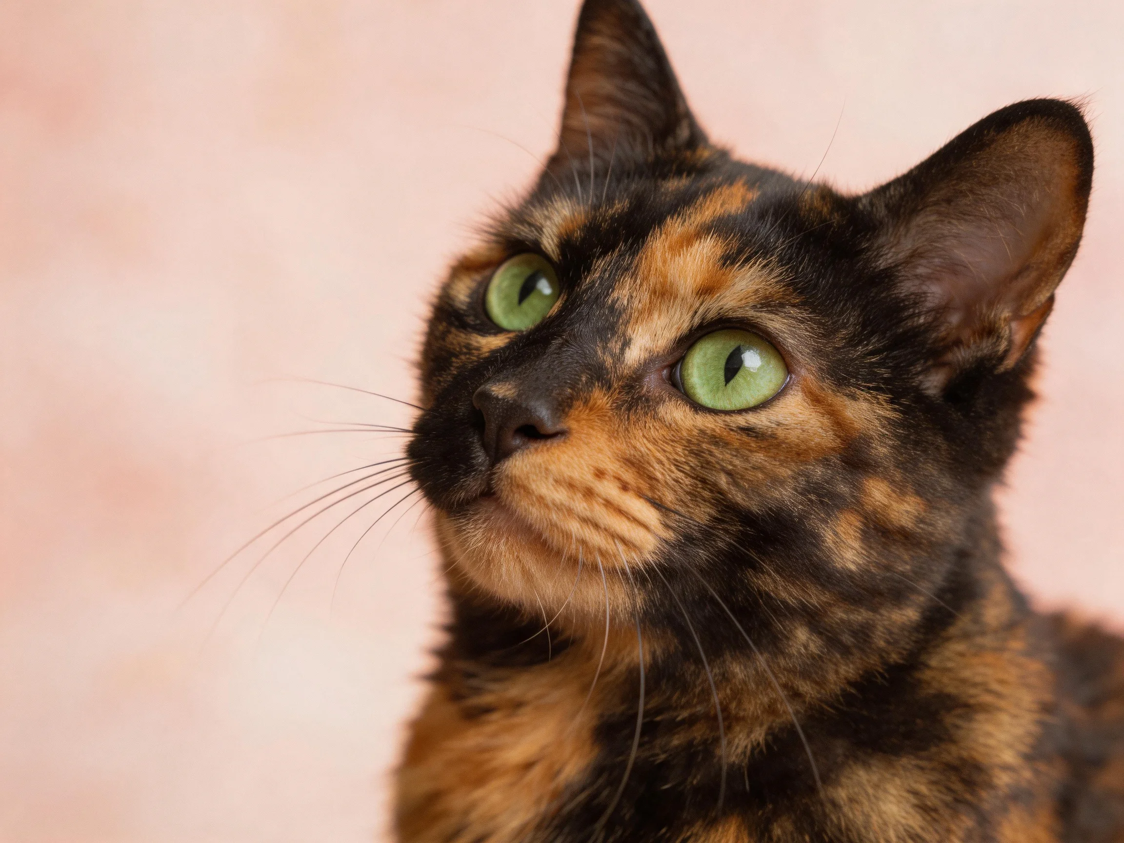 A tortoiseshell cat with green eyes gazes upward in a softly lit environment.