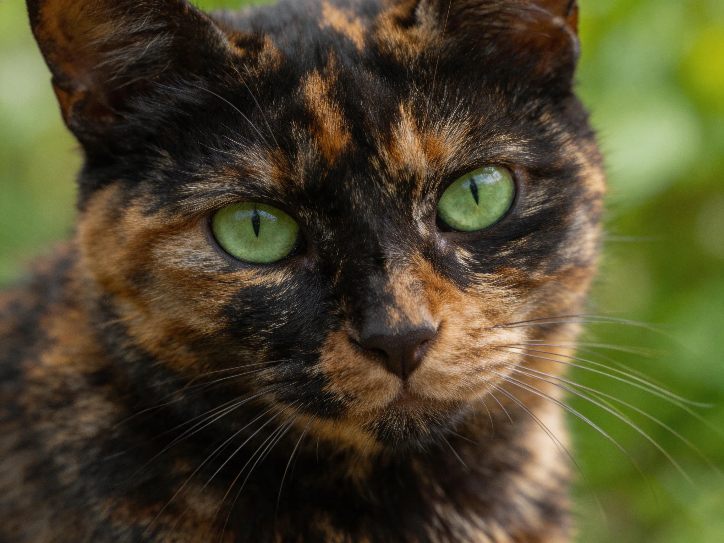 A tortoiseshell cat with bright green eyes is shown up close in nature.