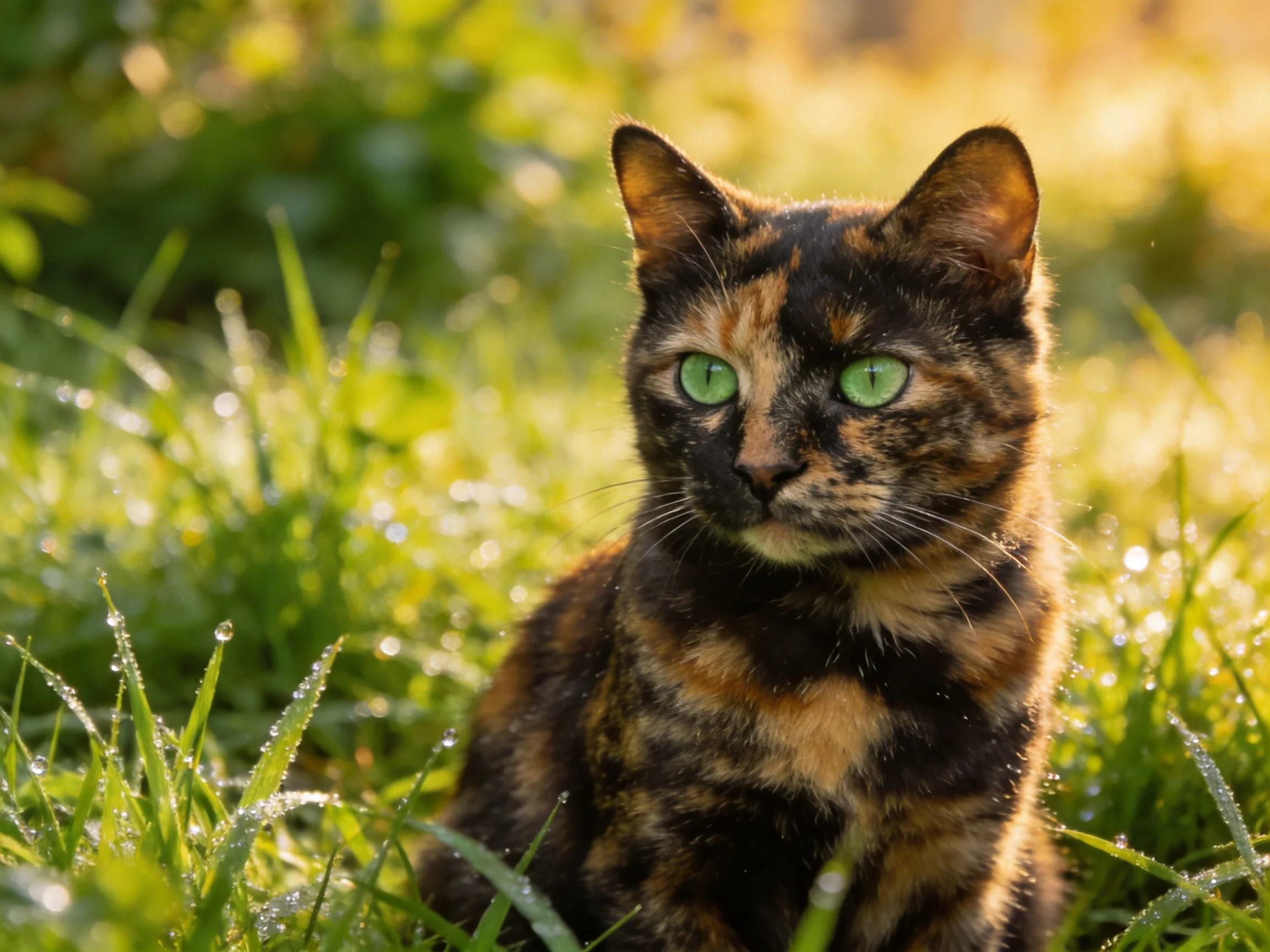 A tortoiseshell cat with green eyes rests in dewy grass under sunlight