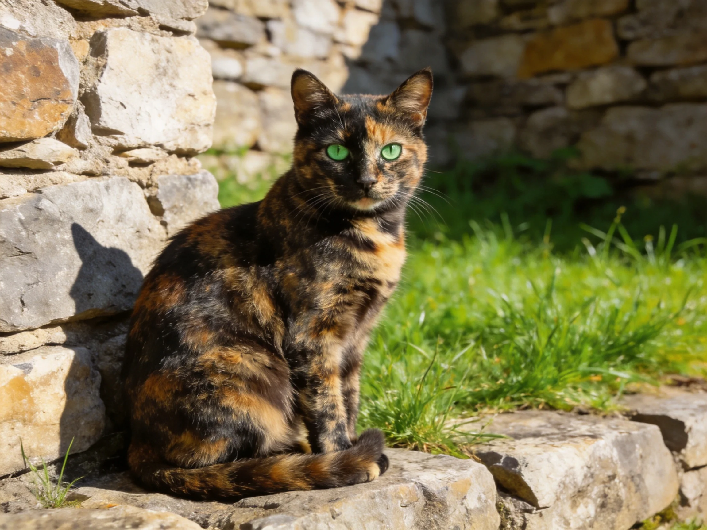 A tortoiseshell cat rests near weathered stone walls and grass.