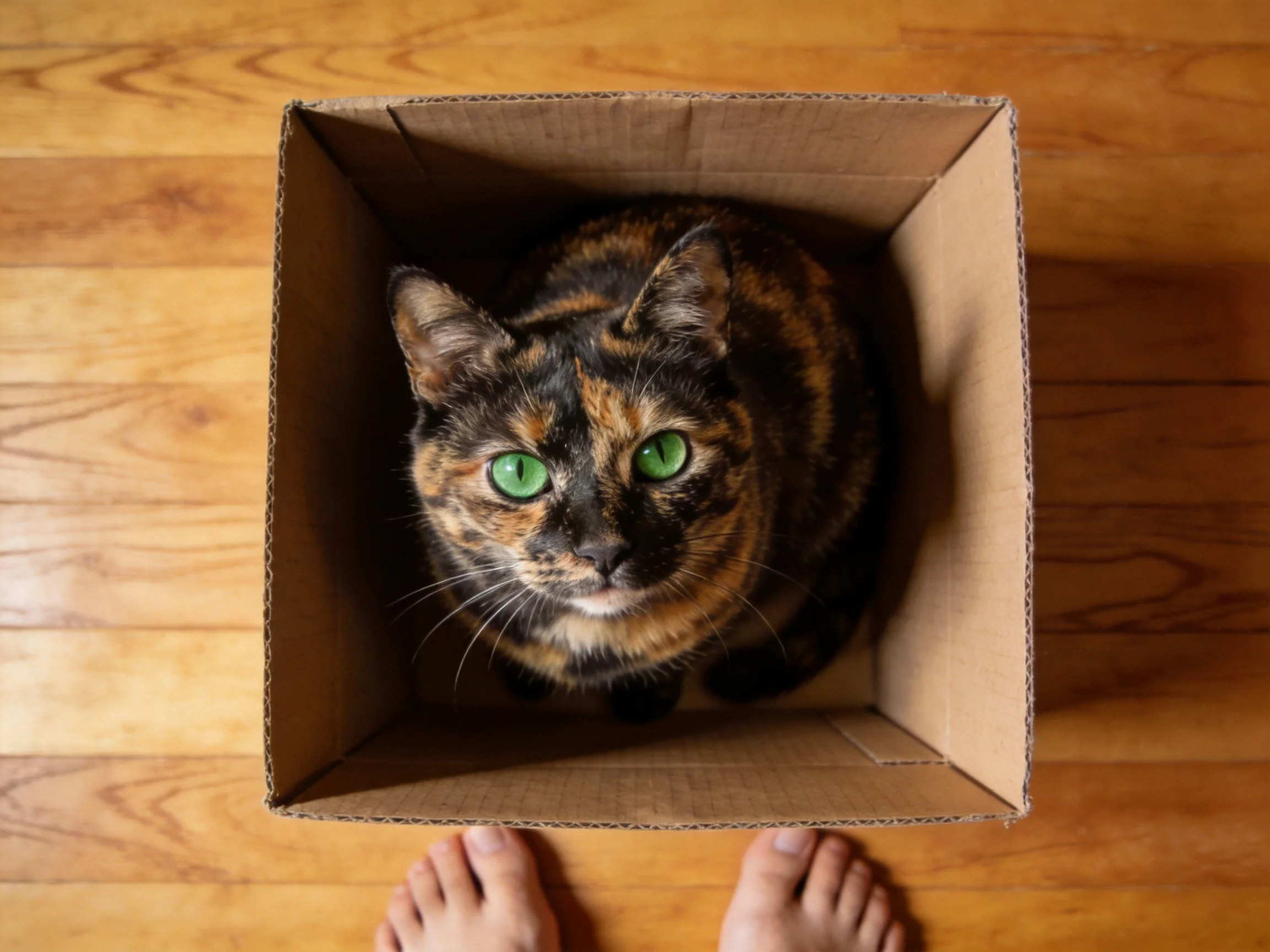 A tortoiseshell cat with green eyes sits inside a brown cardboard box near bare feet.