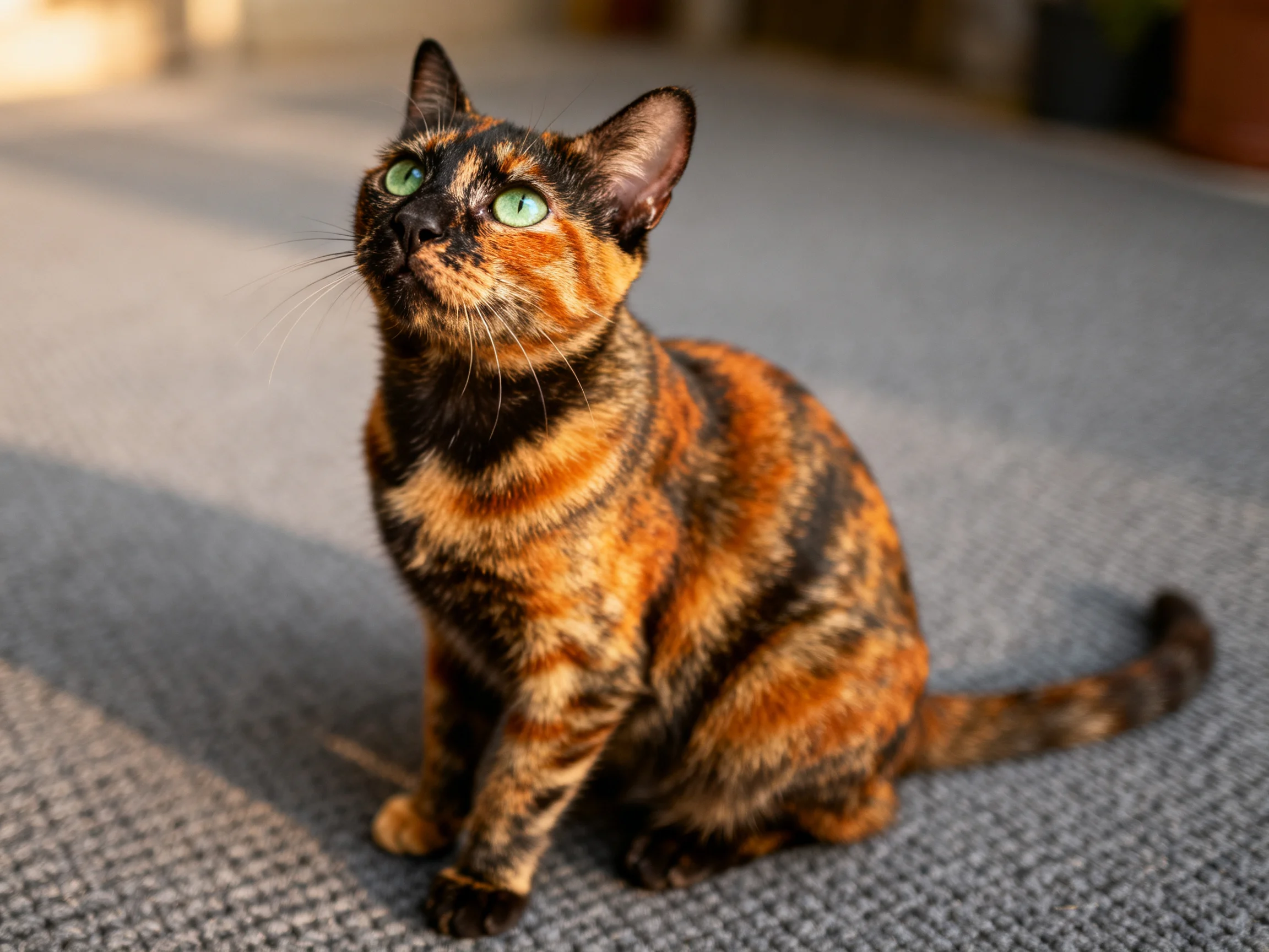 A tortoiseshell cat with green eyes sits on a gray carpet looking upward.