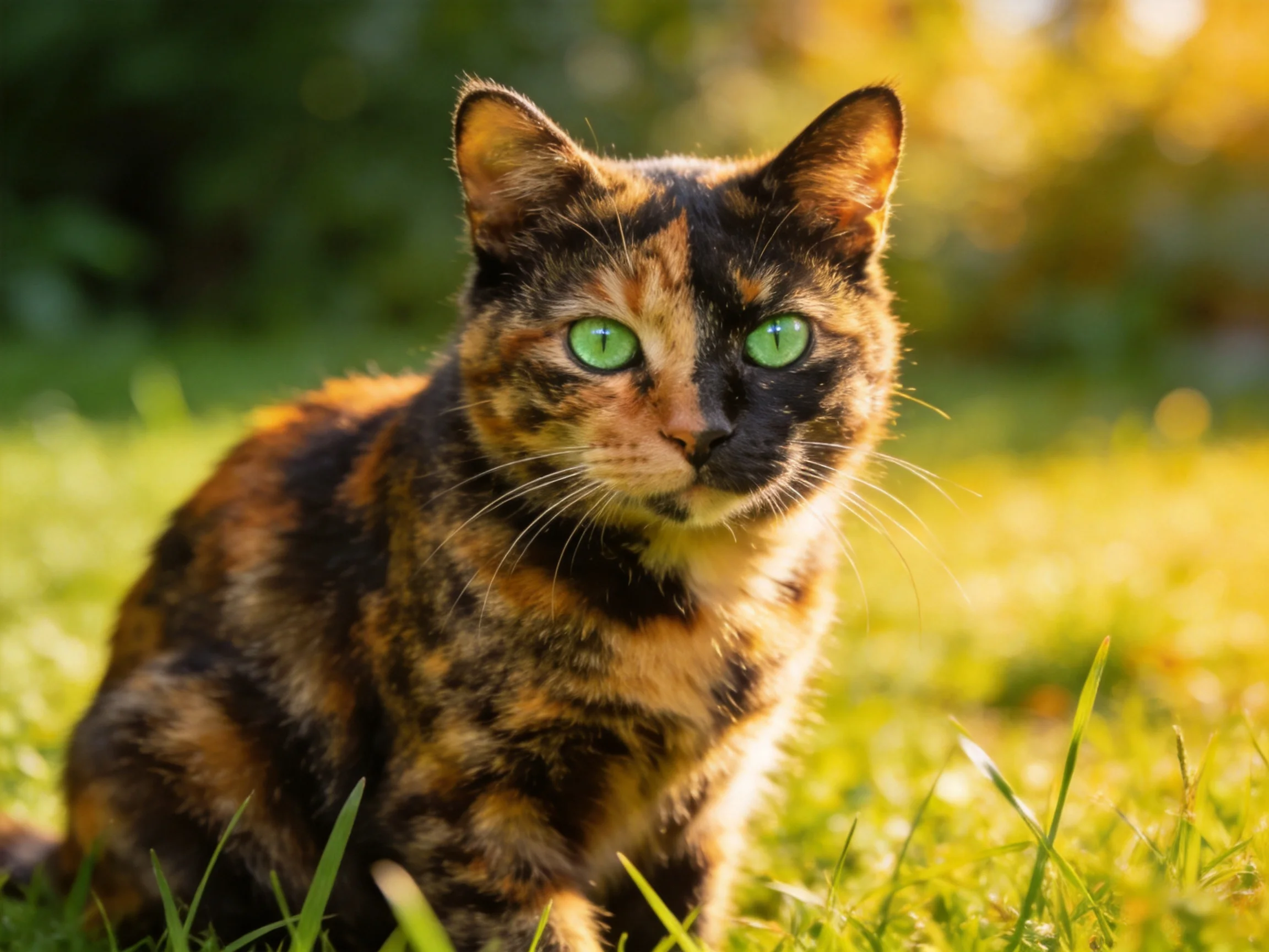 A tortoiseshell cat with green eyes rests on sunlit grass.