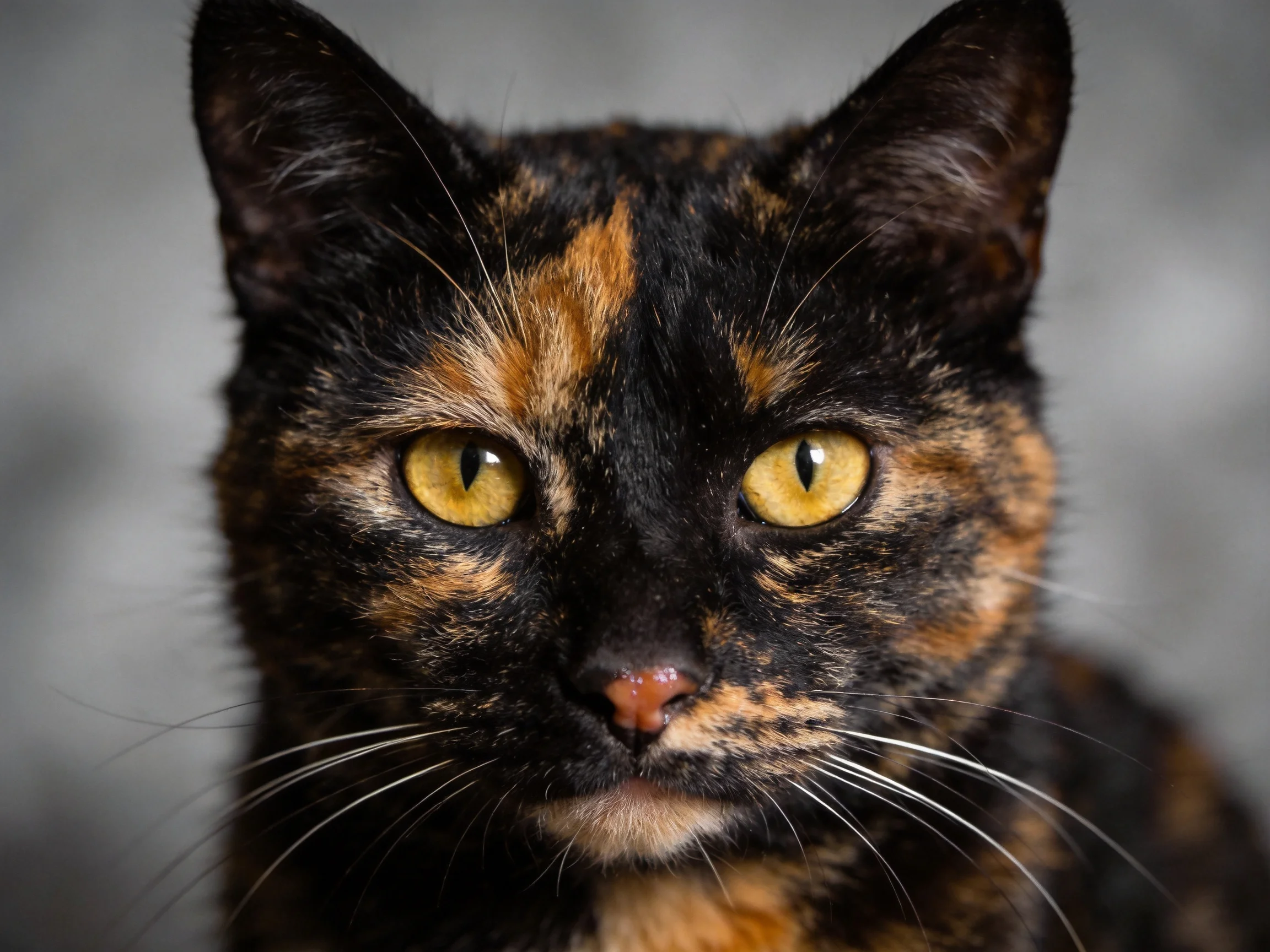 A tortoiseshell cat gazes directly with bright yellow eyes.