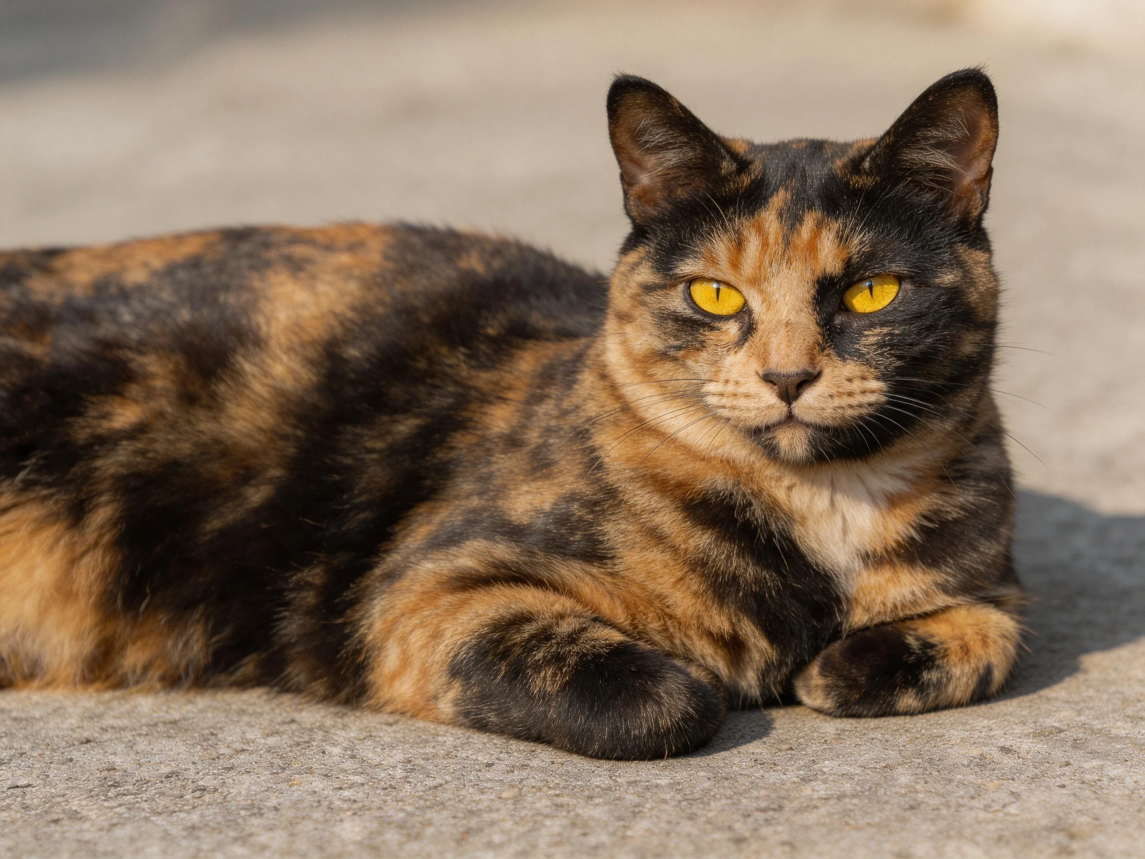 A tortoiseshell cat with yellow eyes lies calmly on a smooth concrete surface.