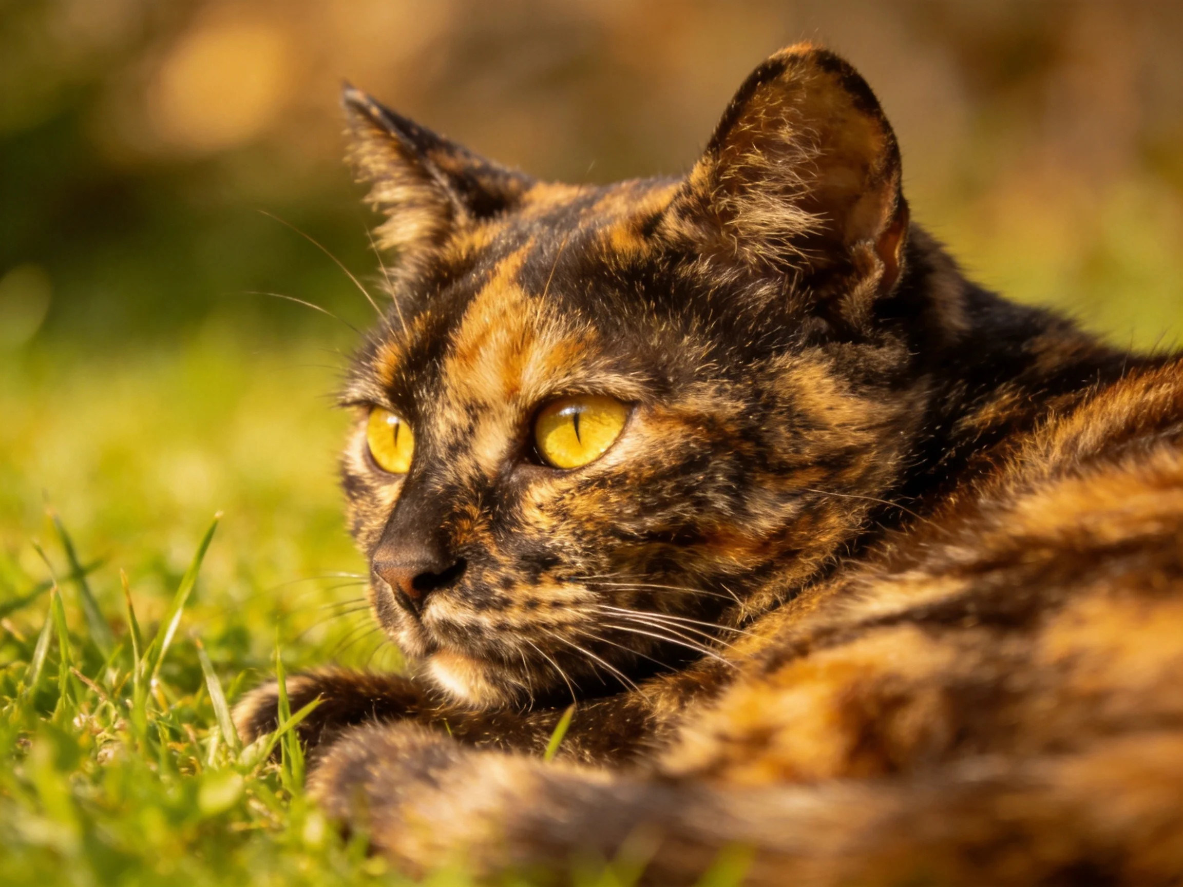 A tortoiseshell cat with bright yellow eyes relaxes on grass in sunlight.