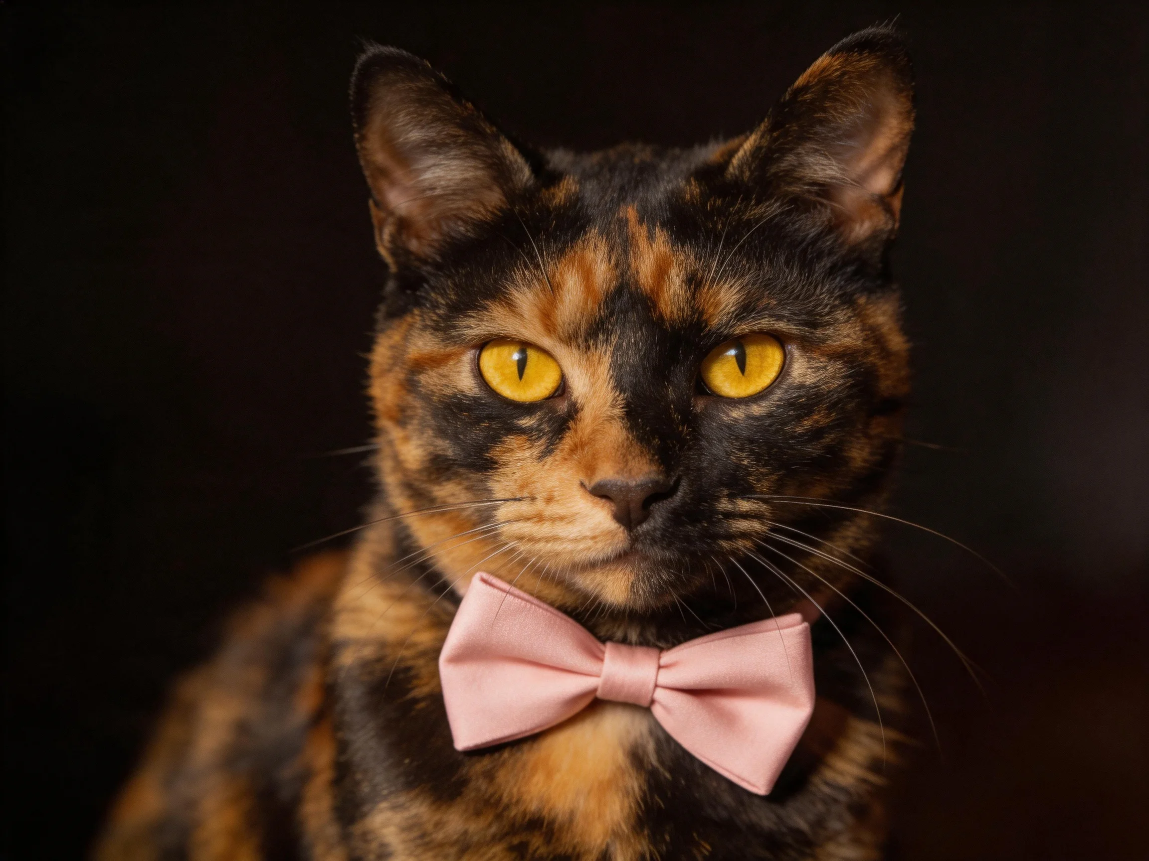 A tortoiseshell cat with yellow eyes wears a pink bow tie in a dark setting.