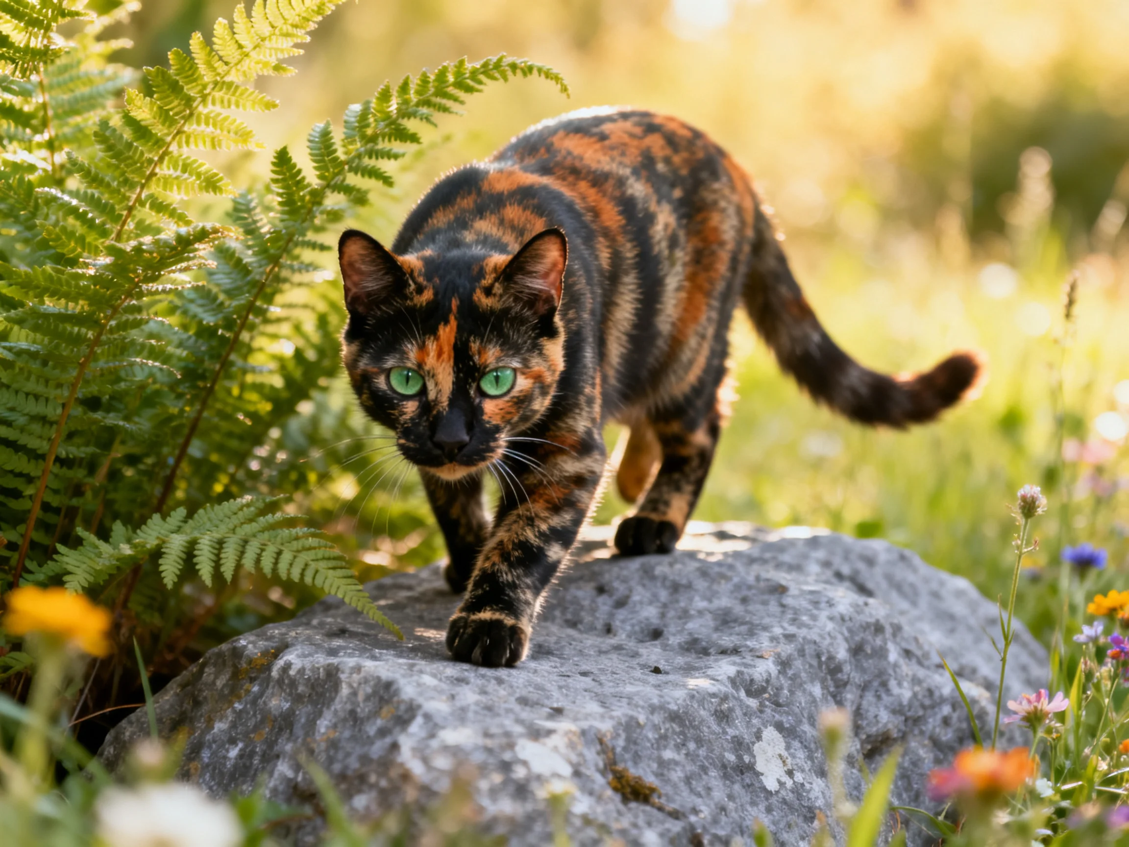 A tortoiseshell cat with green eyes moves on a large rock surrounded by ferns and flowers in a sunlit outdoor setting.