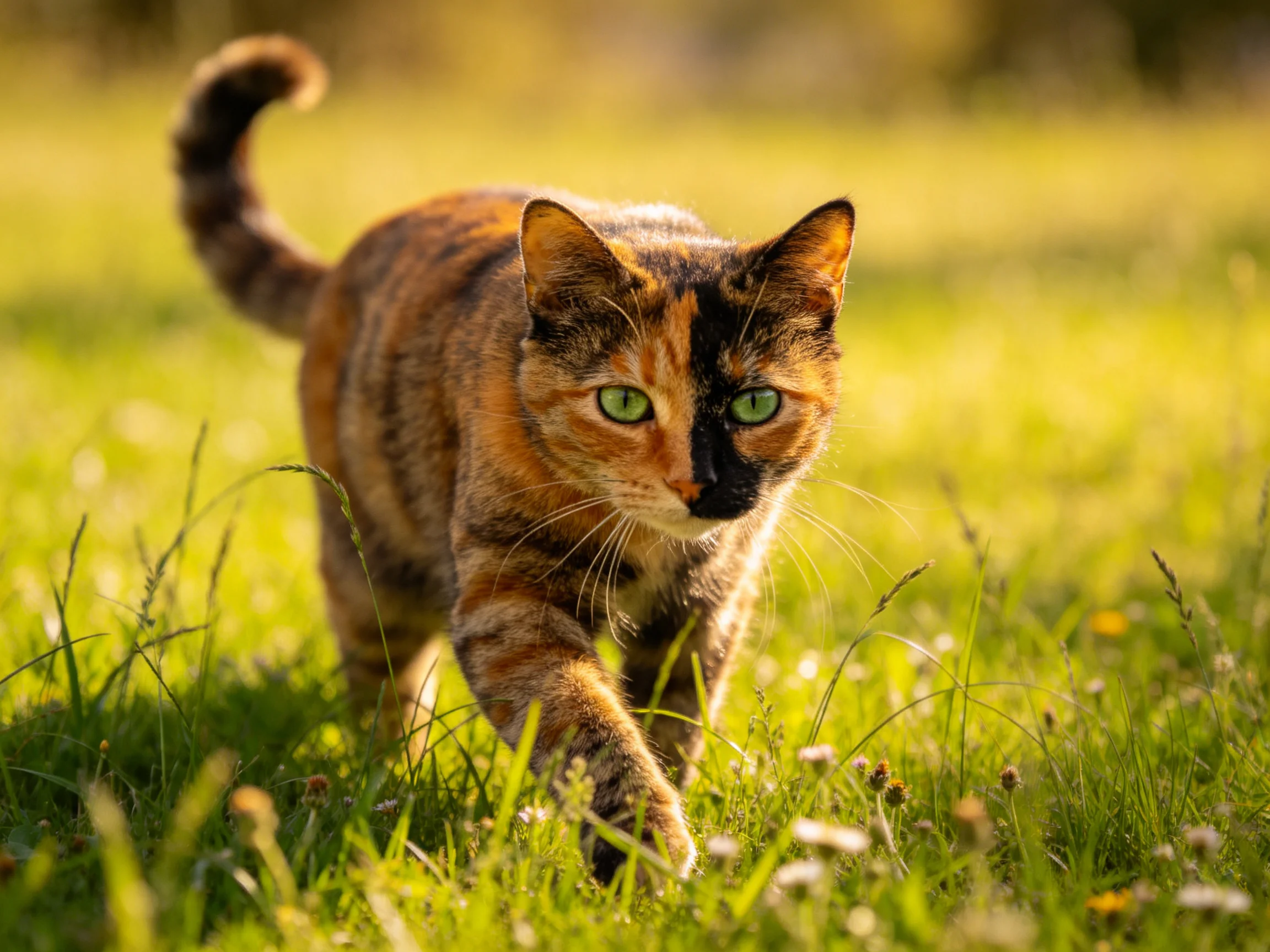A tortoiseshell cat with green eyes moves through a sunlit meadow