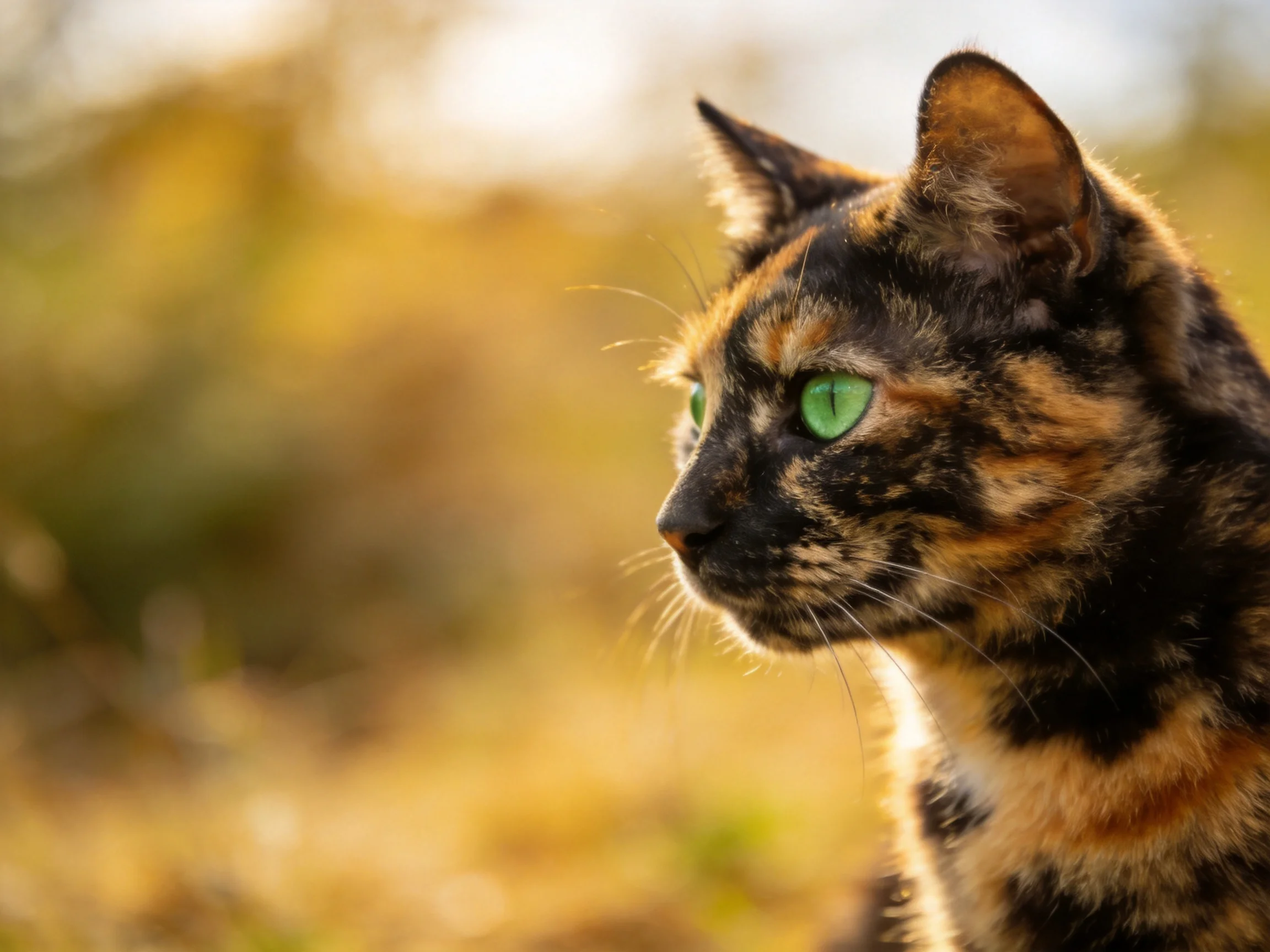 A tortoiseshell cat with striking green eyes in a sunlit outdoor setting