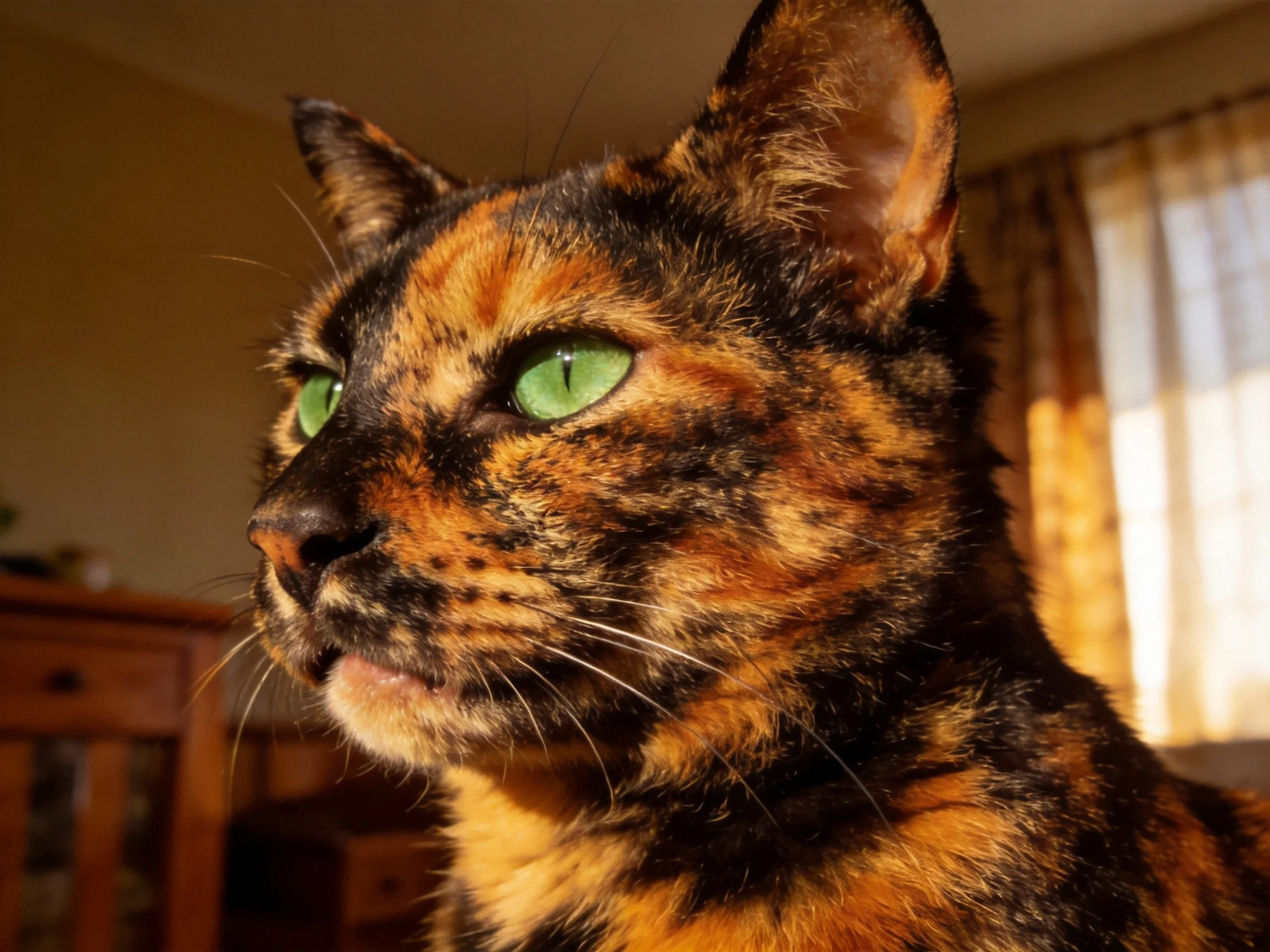 A tortoiseshell cat with striking green eyes in a sunlit room