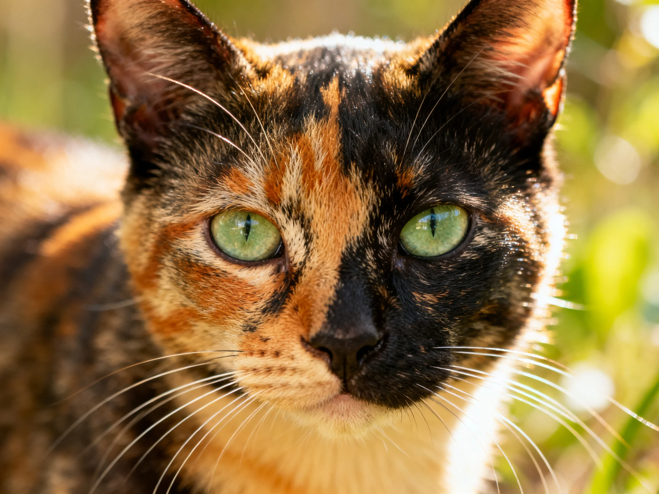 A tortoiseshell cat with striking green eyes in natural light