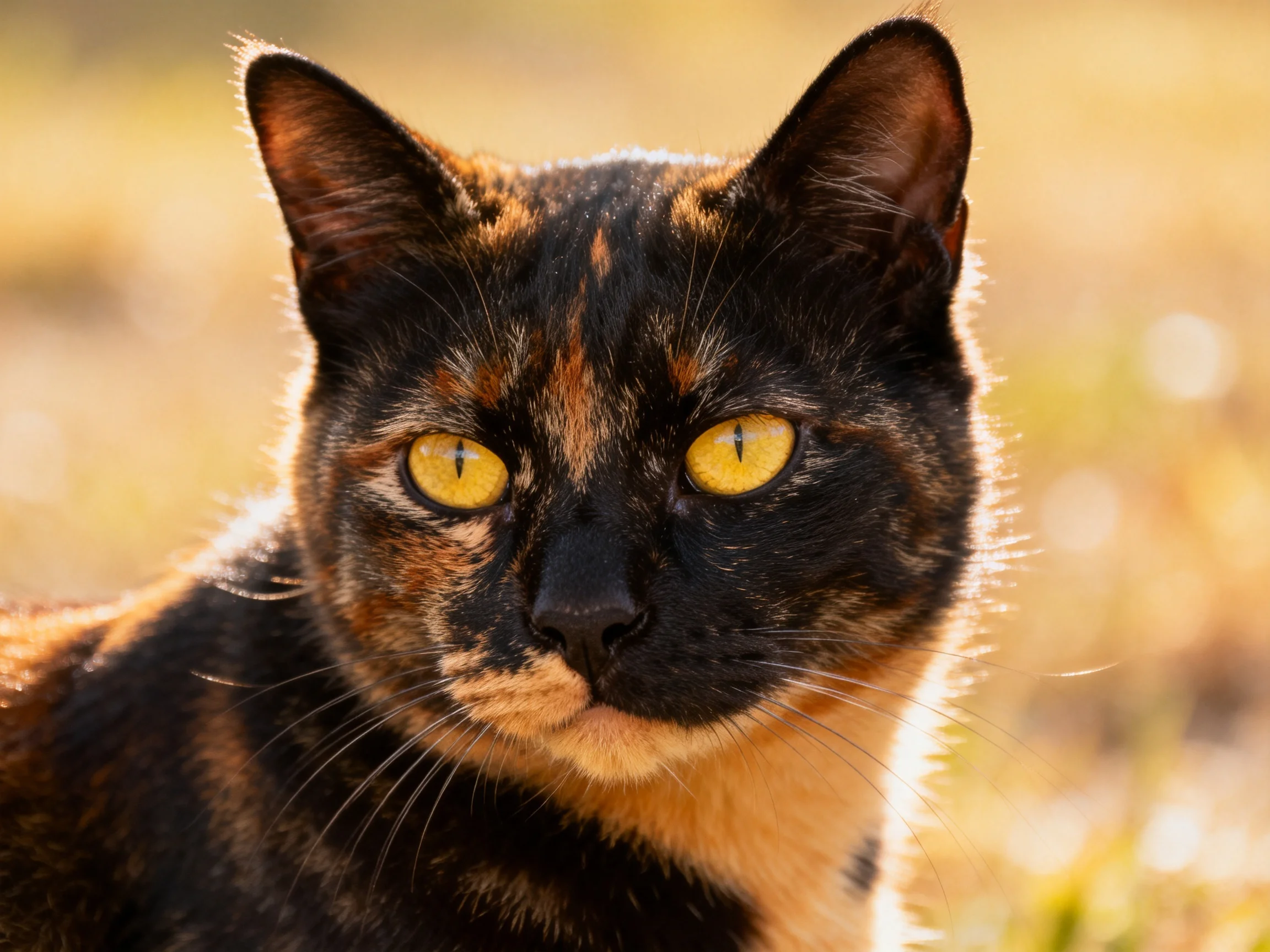 A tortoiseshell cat with striking yellow eyes in a sunlit environment