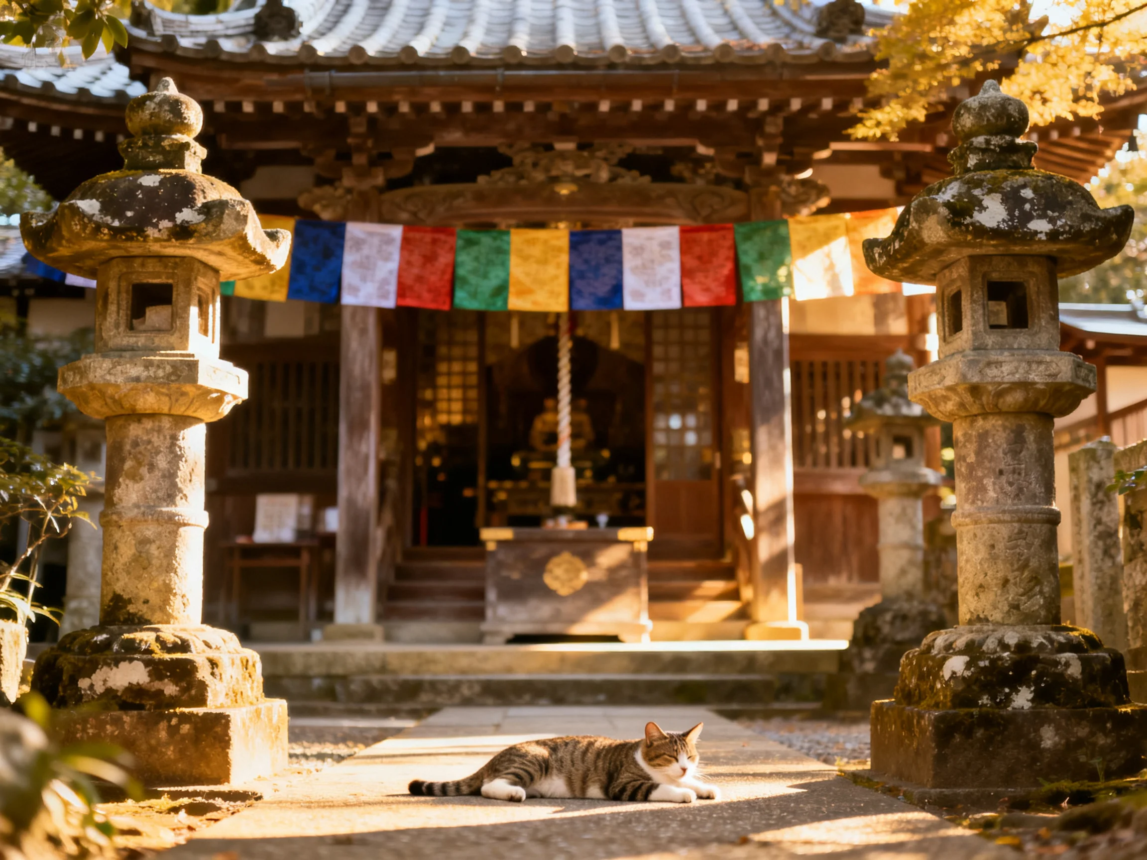 A traditional Japanese temple with colorful banners has a cat resting nearby.