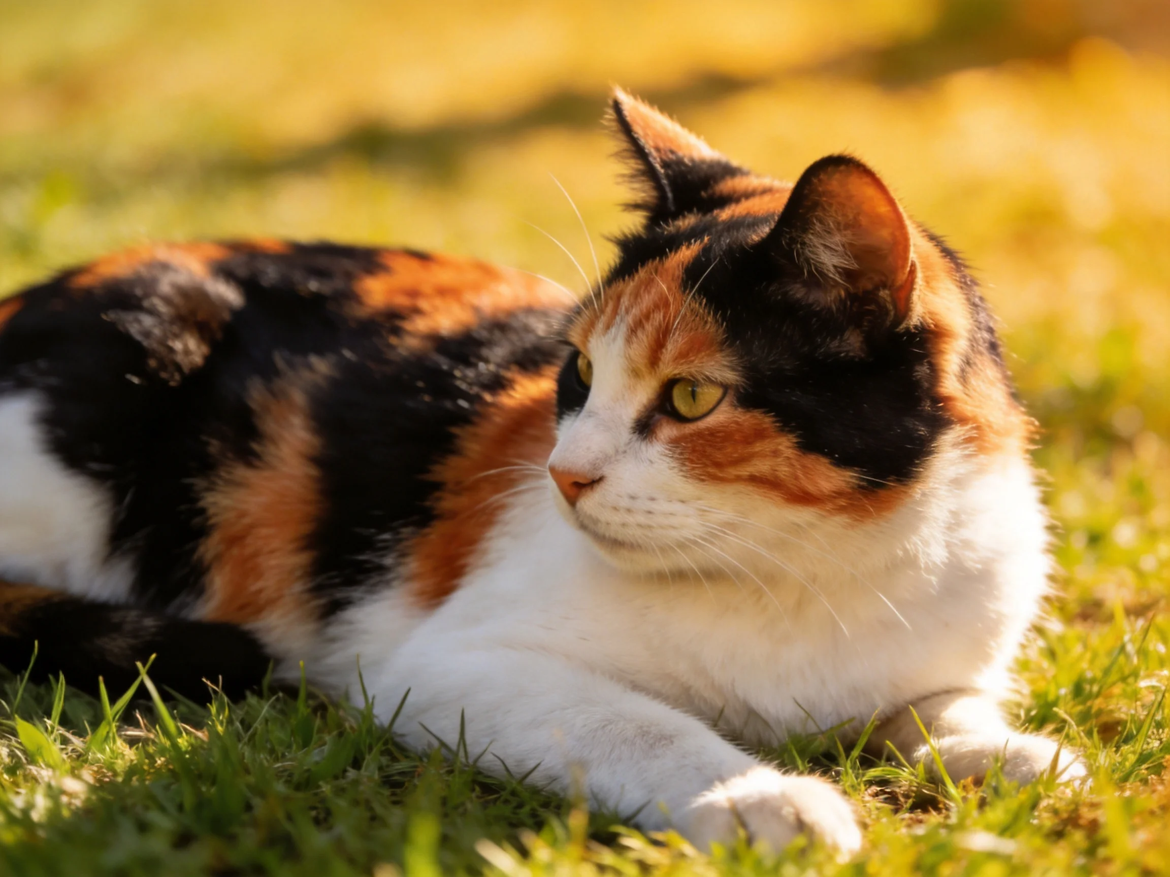 A tri - colored calico cat rests on sunlit green grass