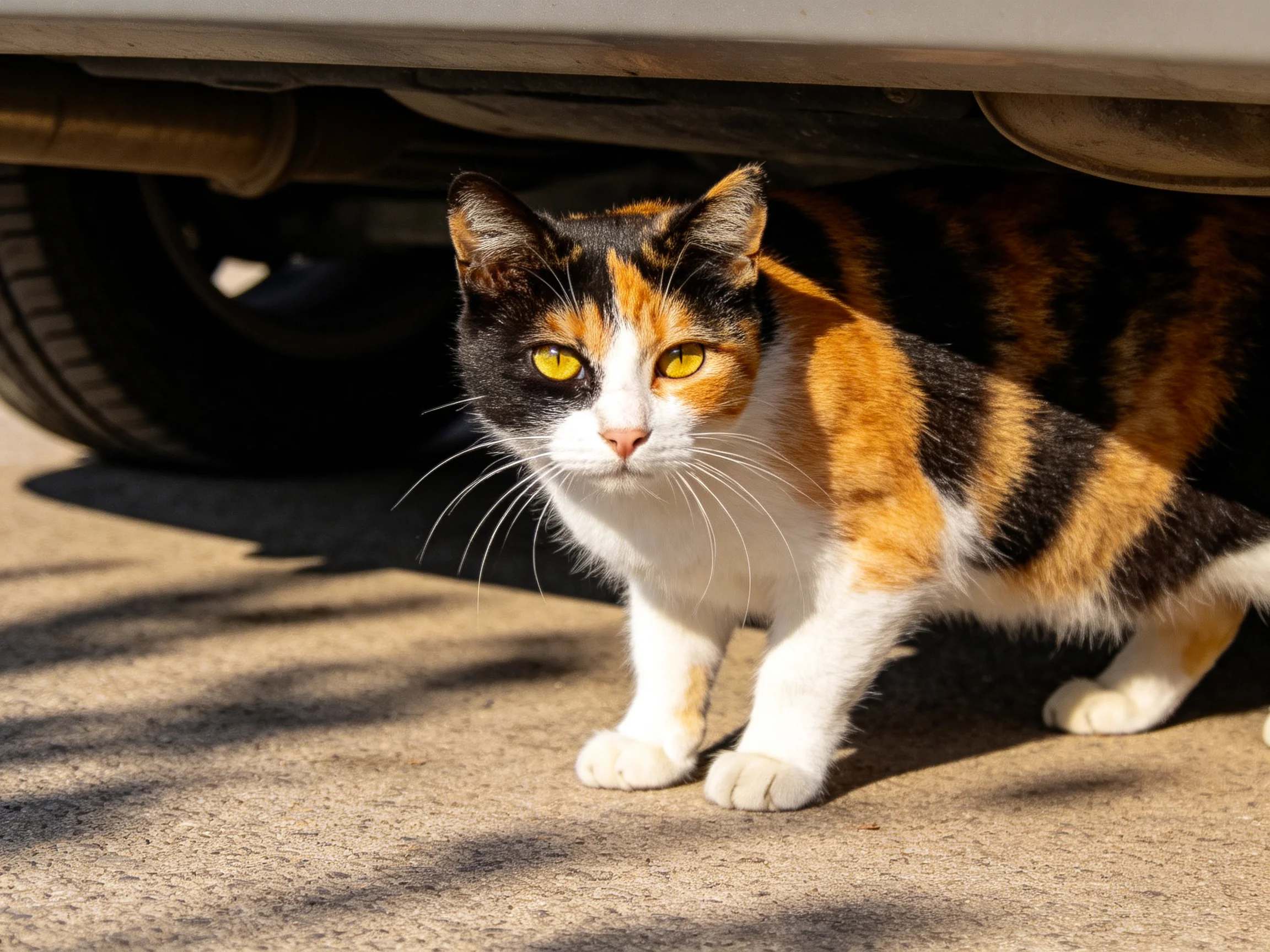 A tri-colored calico cat hides under a parked car with sunlight