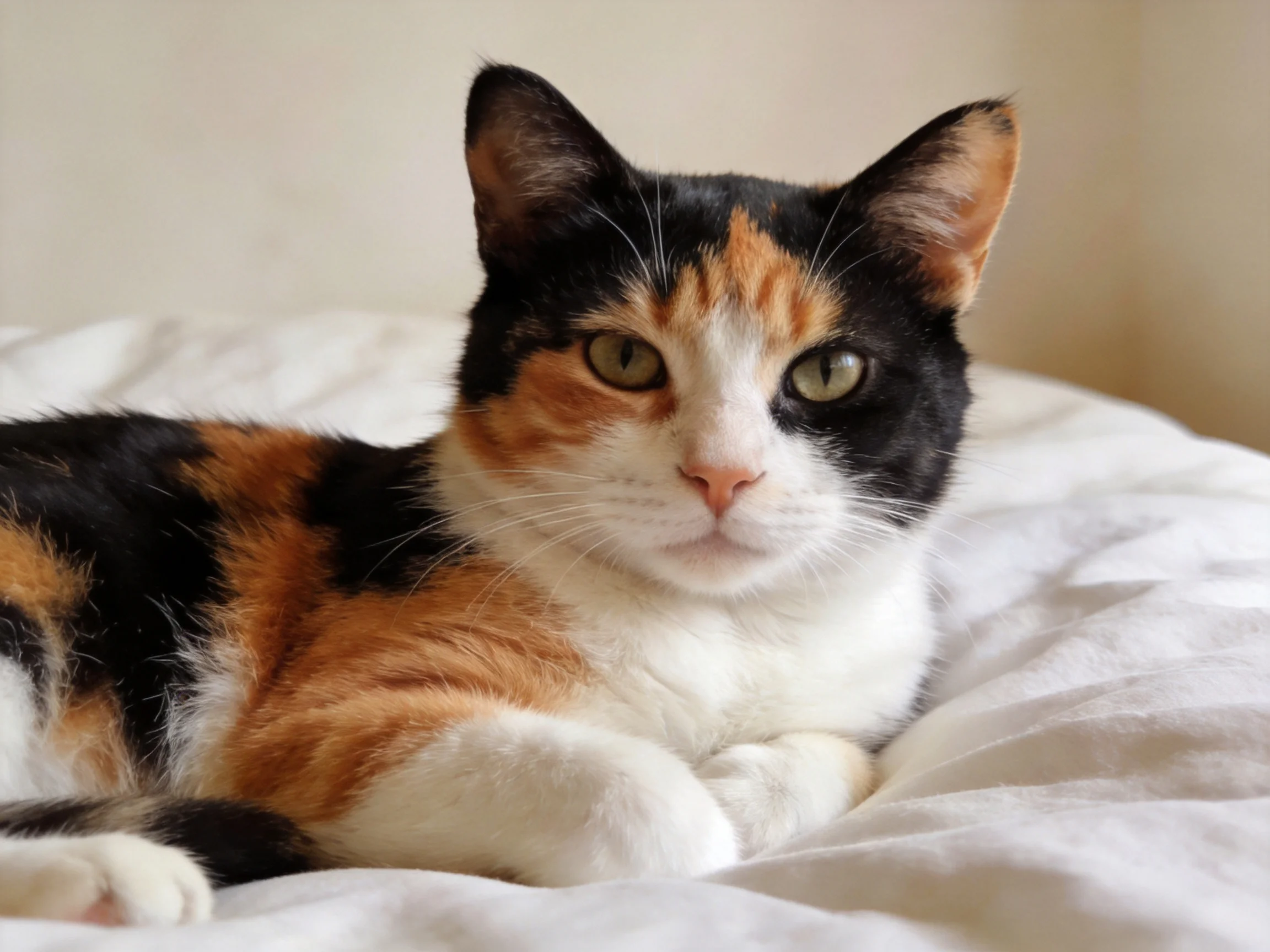 A tri-colored calico cat lounging on white bedding with soft illumination