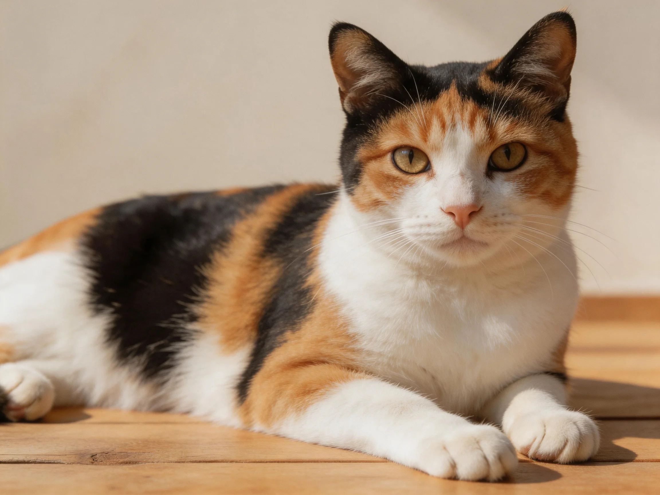 A tri-colored calico cat rests calmly on a wooden surface.